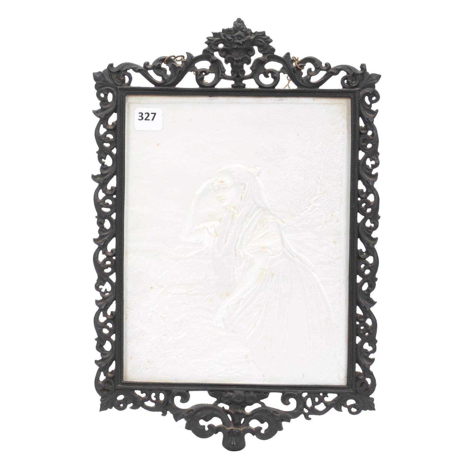Lithopane Plaque Marked KPM: Lithopane Plaque Marked KPM, 9.25" x 7.25", Scene of Young Woman Clinging to Rock Ledge with Hand Over Eyes, Mounted in 13.5" x 9" Black Metal Frame, Private Collection