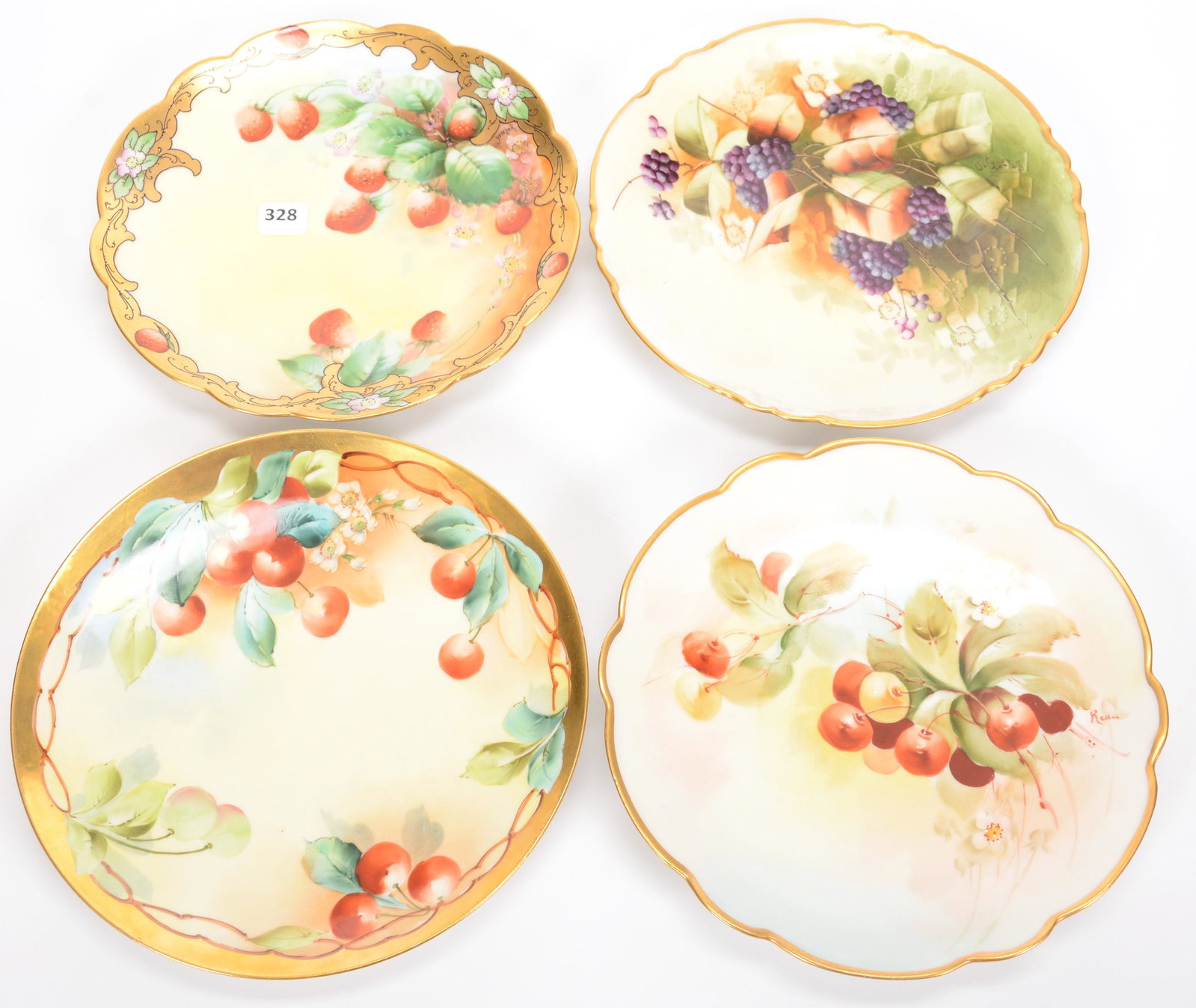 (4) Plates Marked Pickard, Fruit Decor: (4) Plates Marked Pickard, Fruit Decor, (1) 8.5", Strawberry Decor, Artist Signed "Yeschek" for Franz Yeschek, Circa 1903-1905, (1) 8.75", Autumn Blackberry Decor, Artist Signed "O. Goess" for Otto Go