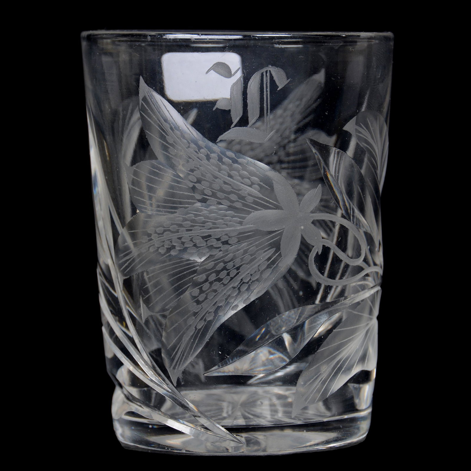Tumbler, American Brilliant Cut Glass: Tumbler, American Brilliant Cut Glass, 4", Deeply Engraved Tiger Lily Decor with Monogram, Ray Cut Base, Private Collection