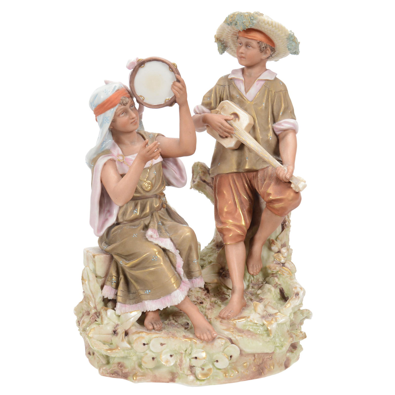 Porcelain Figural Group, Unmarked Royal Dux Style: Porcelain Figural Group, Unmarked Royal Dux Style, 10.5" x 7", Numbered "198", Boy Playing Mandolin, Girl with Tambourine, Nice Color, Private Collection