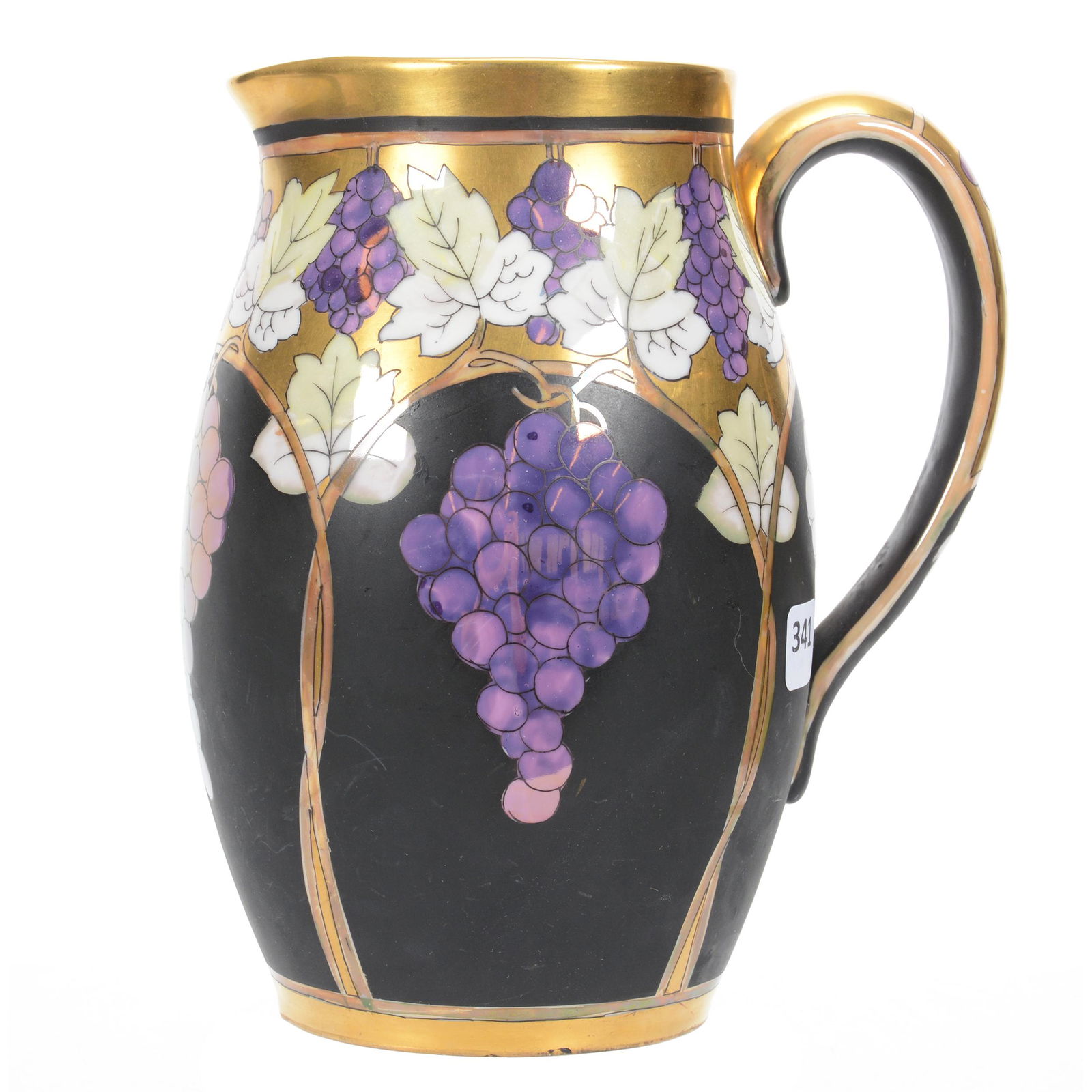 Pitcher Marked Pickard, Metallic Grape Design: Pitcher Marked Pickard, Metallic Grape Design, 8", Grape Design on Black Matte Background, Gold Trim Highlights, Artist Signed "Hess" for Robert Hessler, Circa 1905-1910, Private Collection, IL