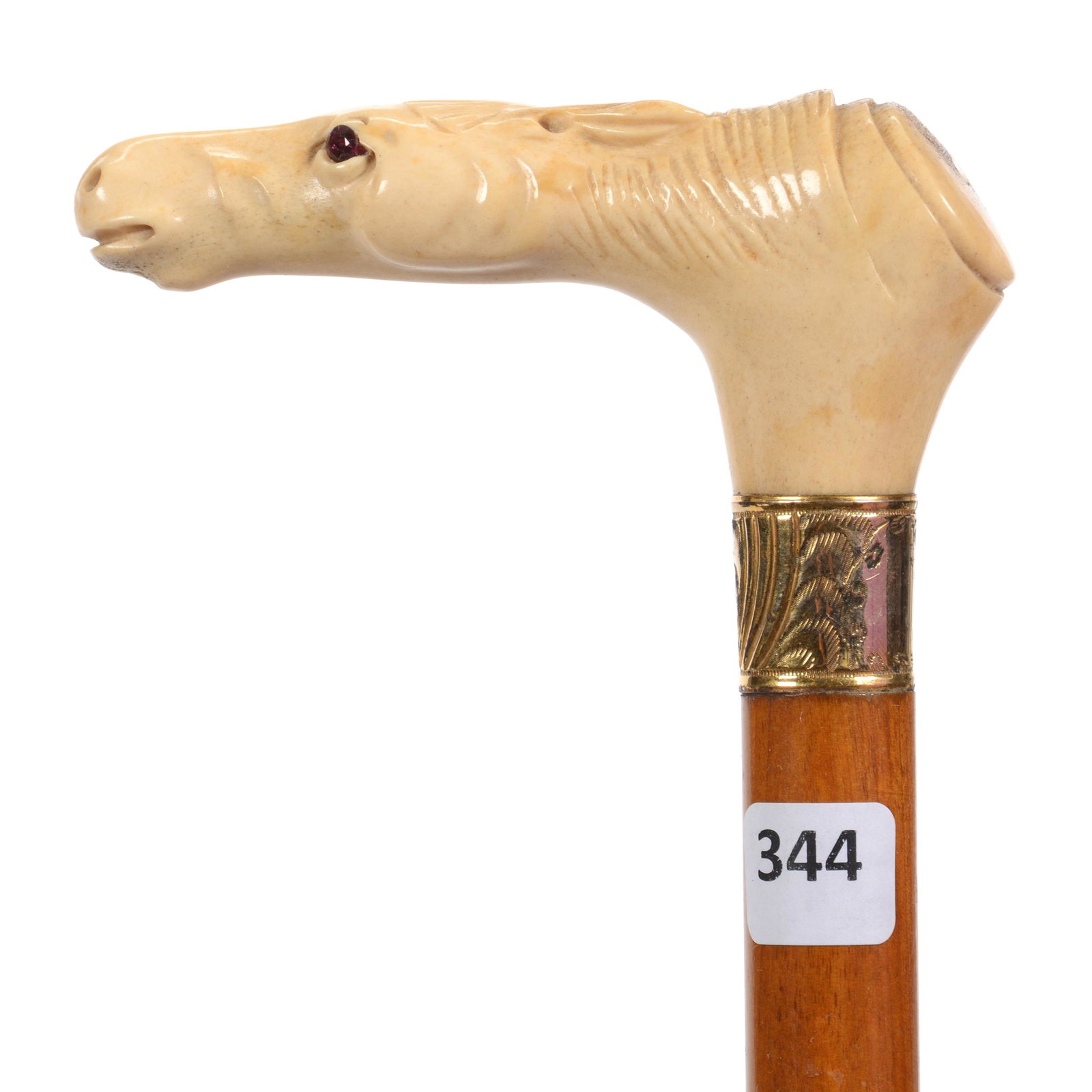 Cane with Carved Horse Head Handle: Cane with Carved Horse Head Handle, 36", Carved with Garnet Eyes, Wooden Shaft, Private Collection