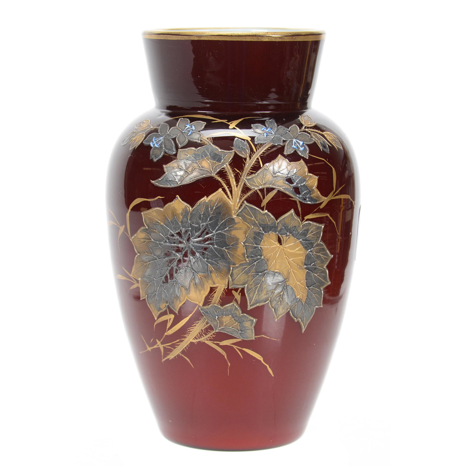 Vase, Cased Unmarked Webb Art Glass: Vase, Cased Unmarked Webb Art Glass, 5" x 3", Deep Burgundy Exterior, White Interior, Silver and Gold Enamel Floral Decor, Private Collection