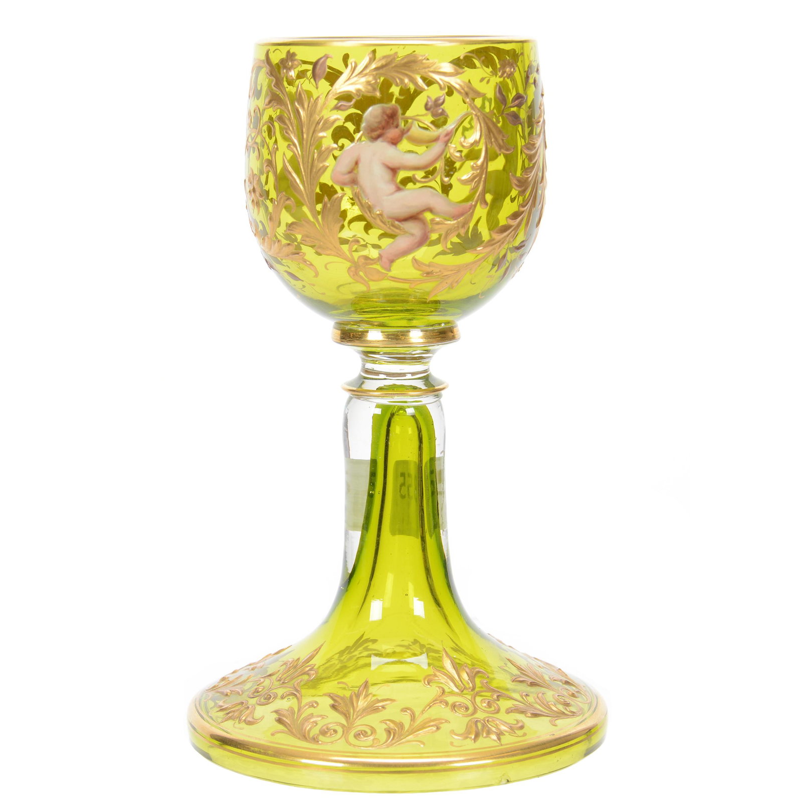 Wine Stem, Decorated Cased Green Art Glass: Wine Stem, Decorated Cased Green Art Glass, 6" x 3.75", Heavy Enamel Cherub Decor with Gold Enamel Highlights, Attributed to Moser, Private Collection