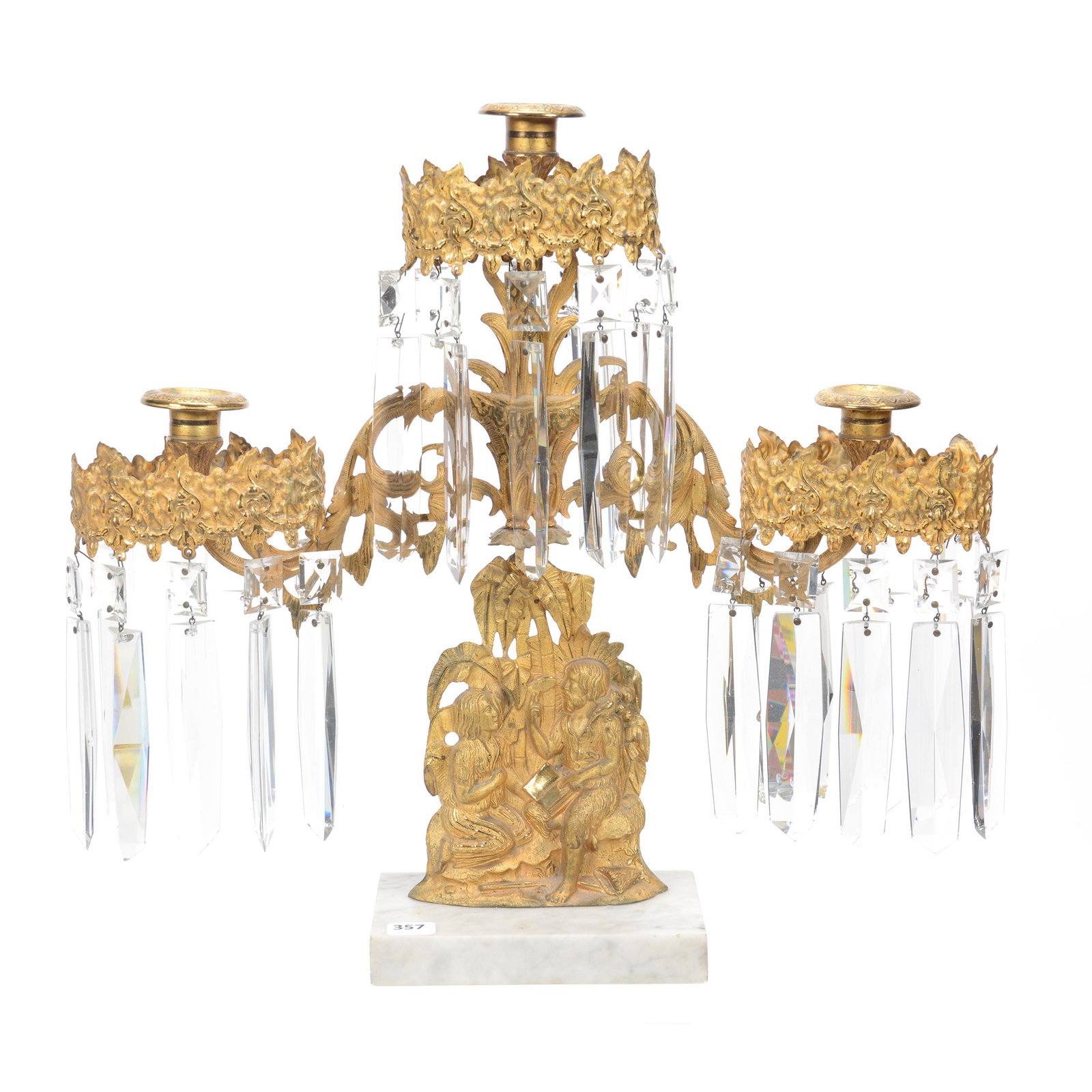 Three Arm Brass and Marble Girandole: Three Arm Brass and Marble Girandole, 15.5" x 17", Embossed Scene of Man in Jungle, Private Collection, KS