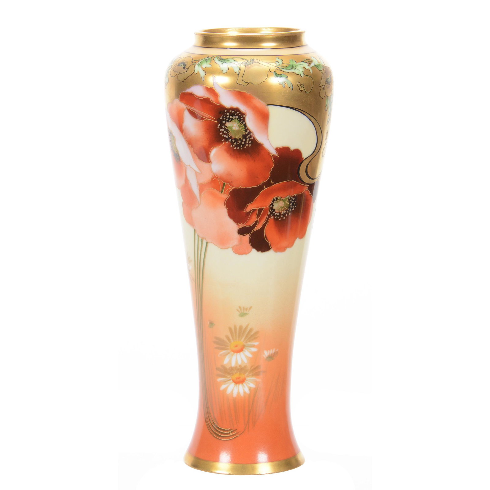 Vase Marked Pickard, Poppies & Marguerites Design: Vase Marked Pickard, Poppies & Marguerites Design, 13.25" x 5", Cream and Rust Background, Poppy and Daisy Decor, Gold Border with Poppy Silhouette Design, Artist Signed "Gasper" for Paul Gasper, Circ