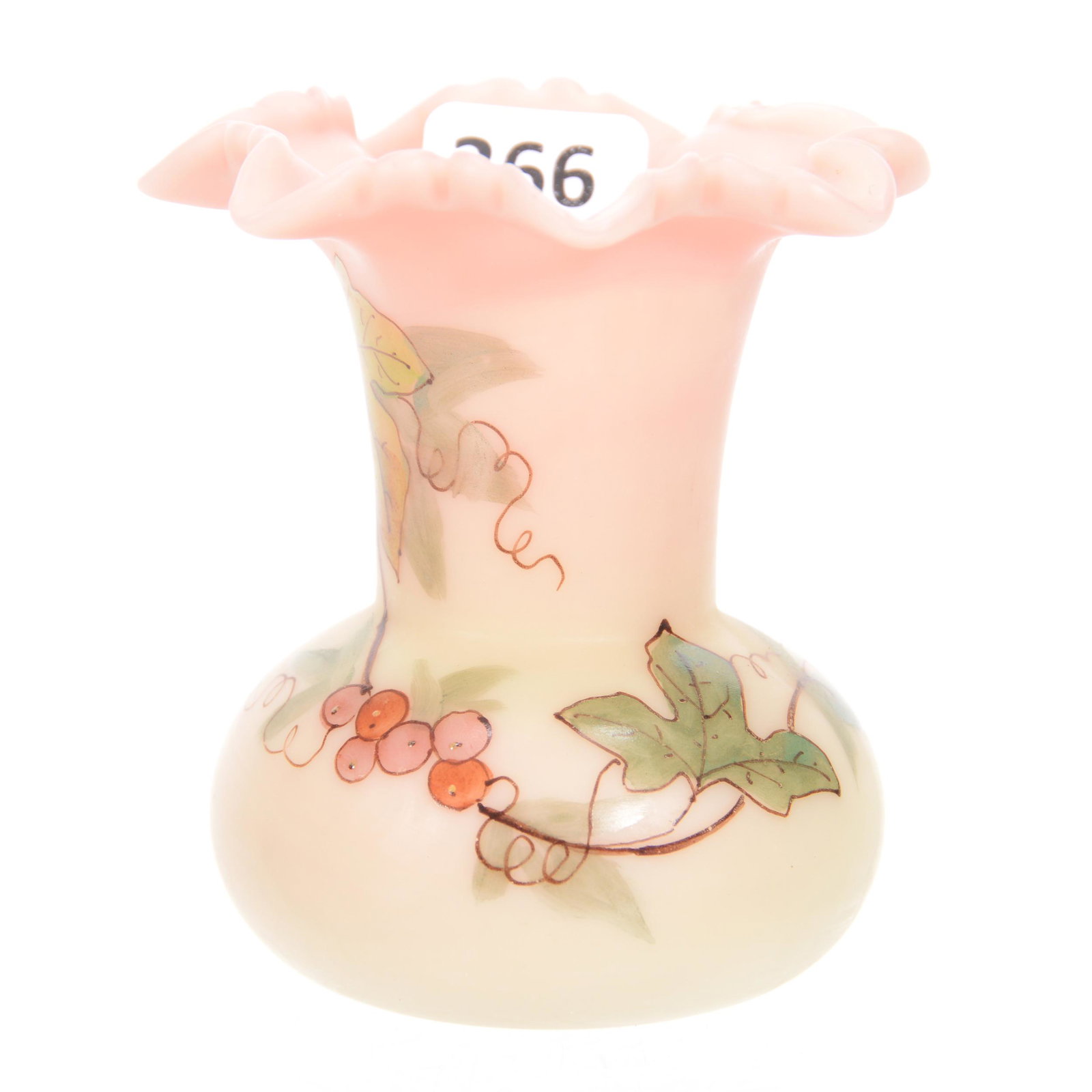 Vase, Signed Webb Queen's Burmese Art Glass: Vase, Signed Webb Queen's Burmese Art Glass, 3.5" x 3", Star Crimped Top, Decorated, Private Collection