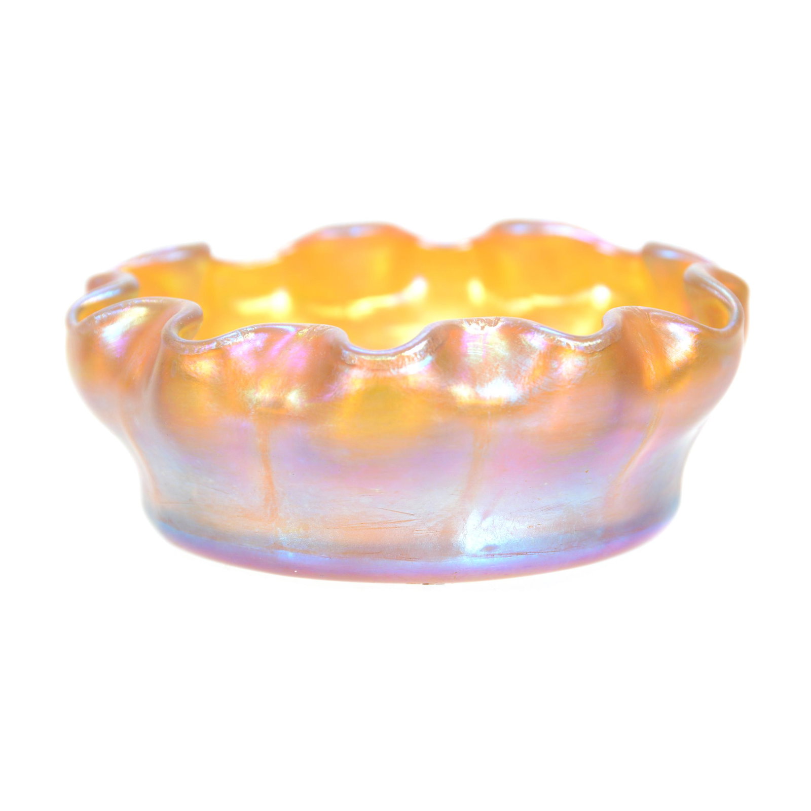 Salt Cellar, Gold Iridescent Signed "LCT Favrile": Salt Cellar, Gold Iridescent Signed "LCT Favrile", 2.75", Ruffled Rim, Private Collection