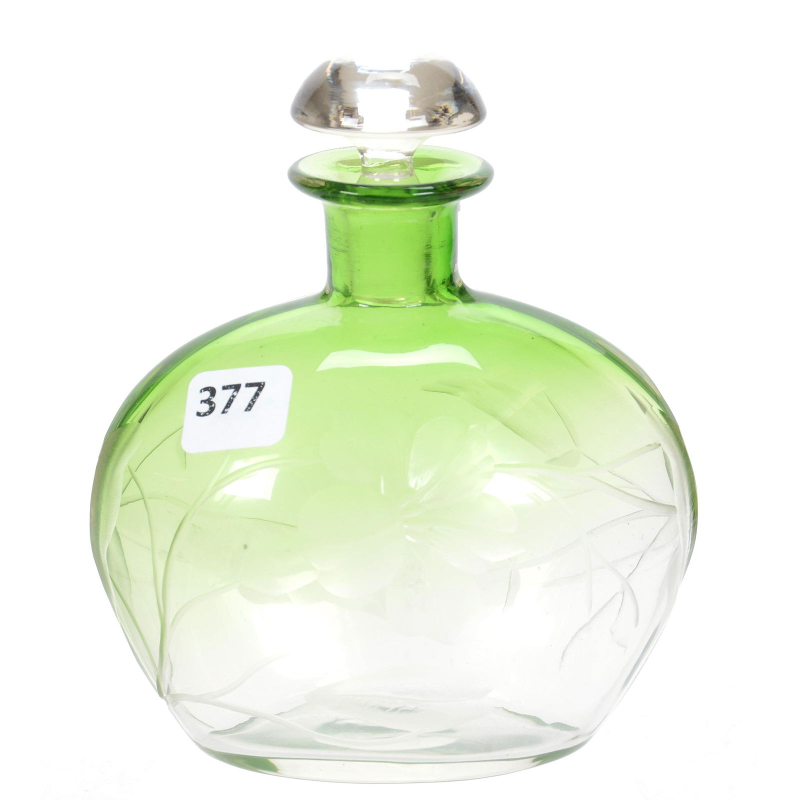 Cologne Bottle Signed Moser Art Glass: Cologne Bottle Signed Moser Art Glass, 5.5" x 4.75", Green Shading to Clear, Engraved Floral Motif, Polished Pontil Base, Unique Form, Private Collection