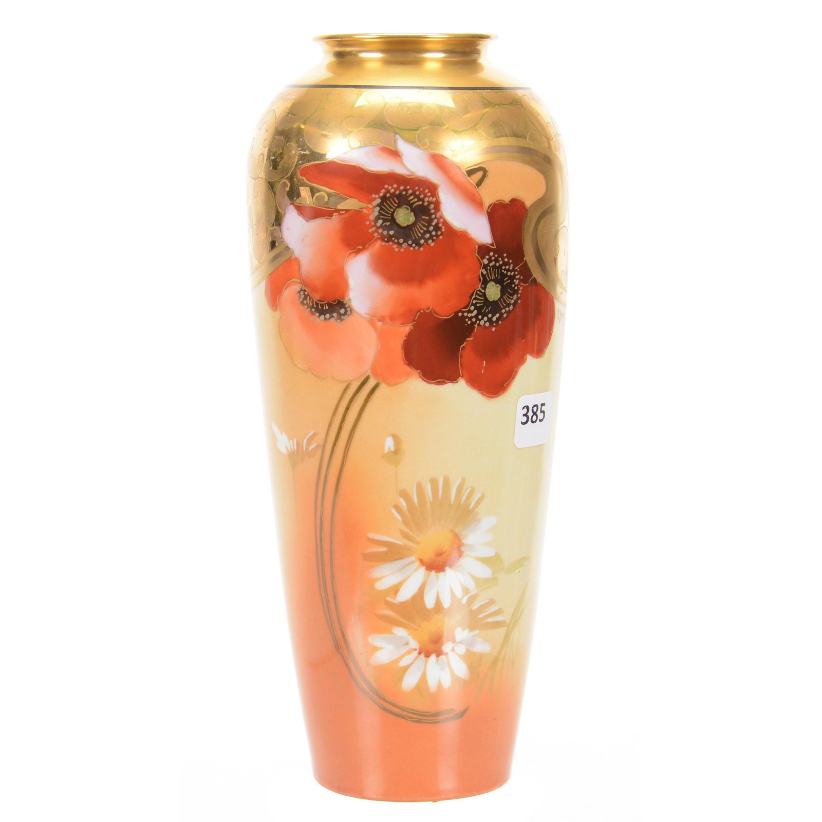 Vase Marked Pickard, Poppies & Marguerites Design: Vase Marked Pickard, Poppies & Marguerites Design, 10" x 4", Cream and Rust Background with Poppy and Daisy Floral Decor, Iridescent Gold, Artist Signed "Gasper" for Paul Gasper, Circa 1905-1910, Priv