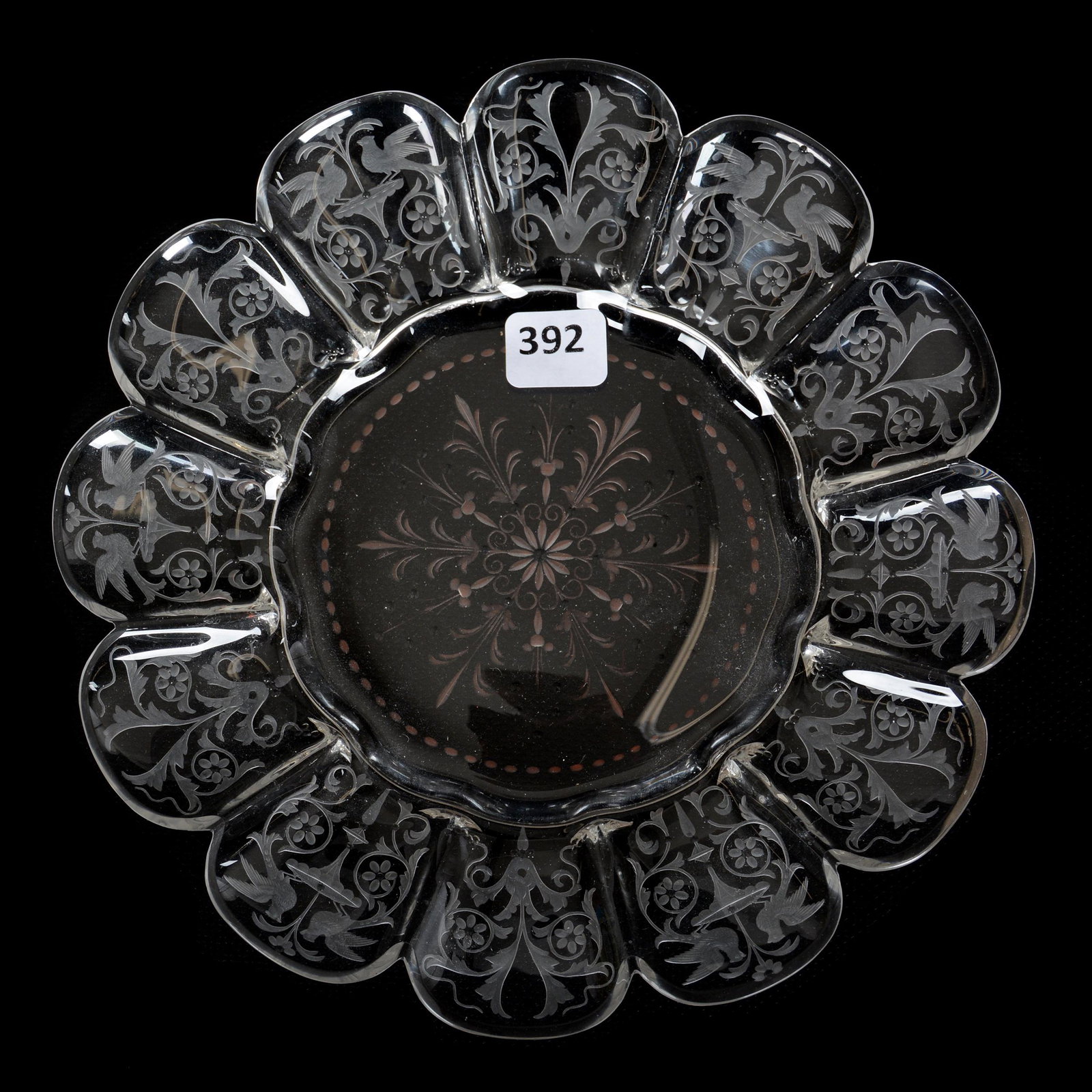 Plate, Unmarked Lobmyer, Decorated Clear Glass: Plate, Unmarked Lobmyer, Decorated Clear Glass, 8.25", Blown Mold, Scalloped Form, Finely Engraved Bird, Fountain and Floral Design, Attributed to Lobmeyr, Private Collection. UPDATED 9-8-20: Added Lo