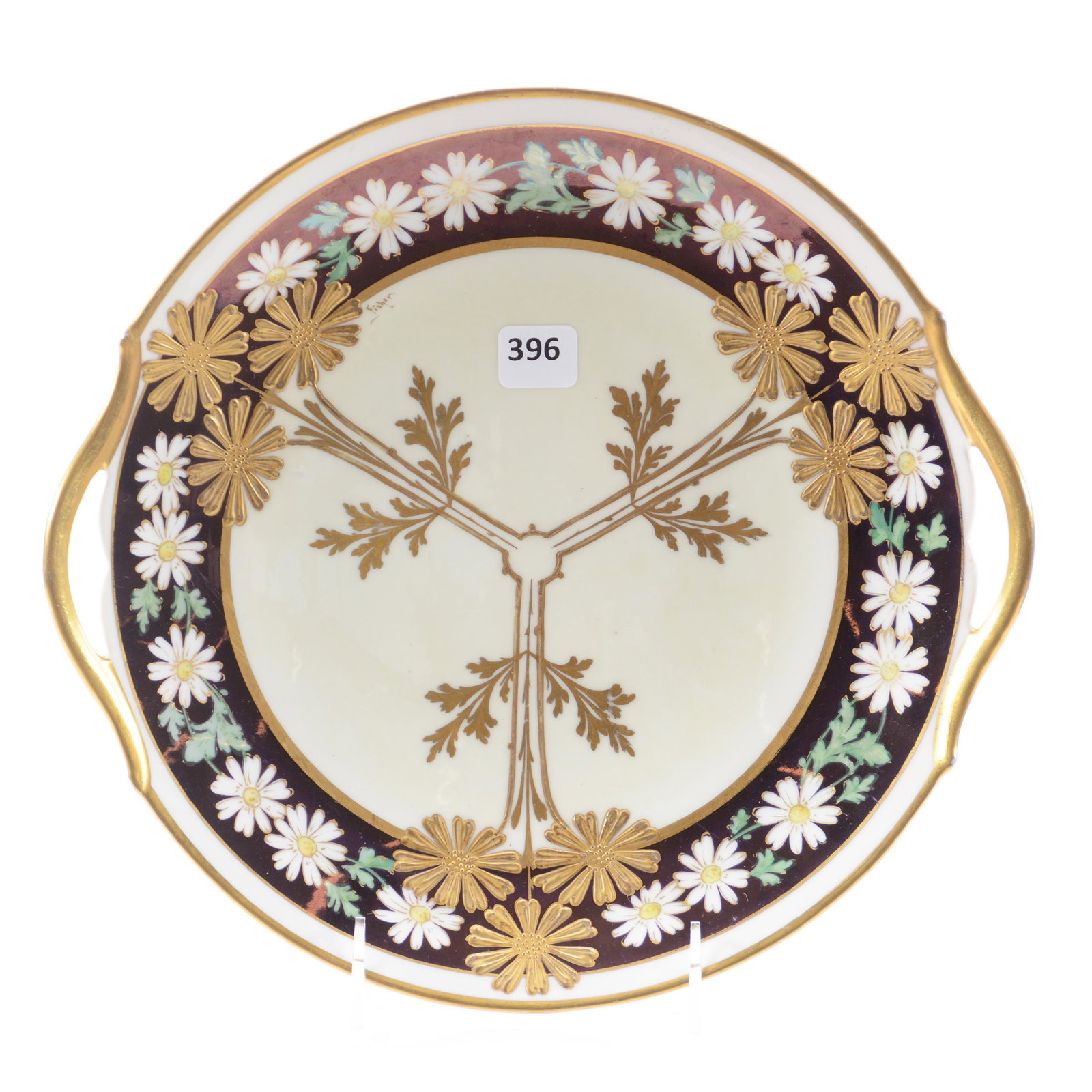 Cake Plate Marked Pickard, Daisy Multiflora Design: Cake Plate Marked Pickard, Daisy Multiflora Design, 10.75", Cream Center with Bronze Iridescent Border, Daisy Decor with Gold Enamel Highlights, Artist Signed "Fisher" for Emil J. T. Fischer, Circa 19