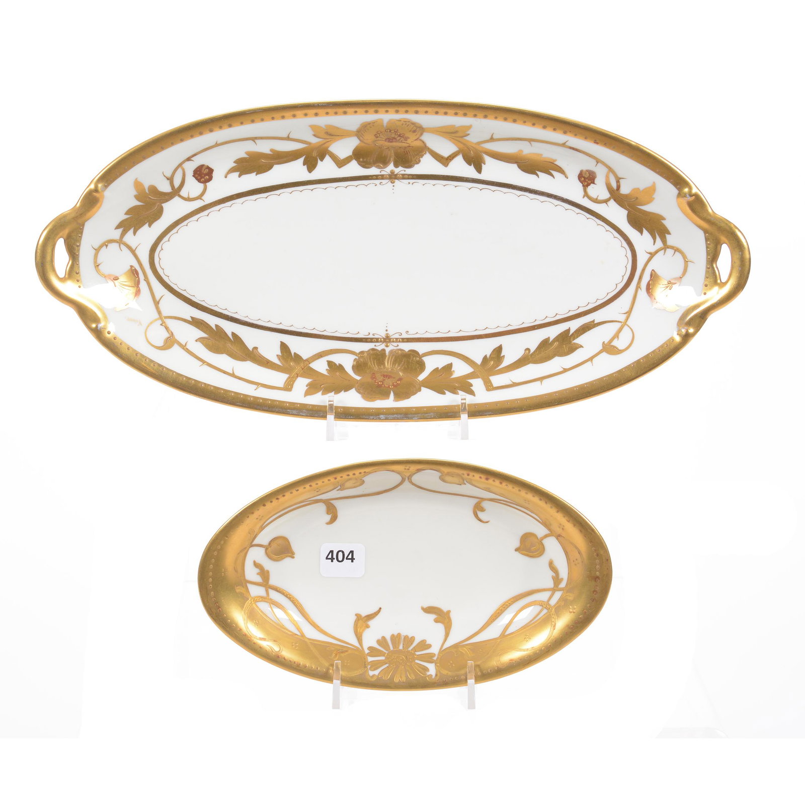 (2) Trays Marked Pickard: (2) Trays Marked Pickard, (1) 13.75" Bread Tray, White with Gold Stylized Poppy Decor, Artist Signed "Vobor" for Franz Vobornik, Circa 1905- 1910, (1) 8" Relish Tray, White with Heavy Gold Stylized Fl