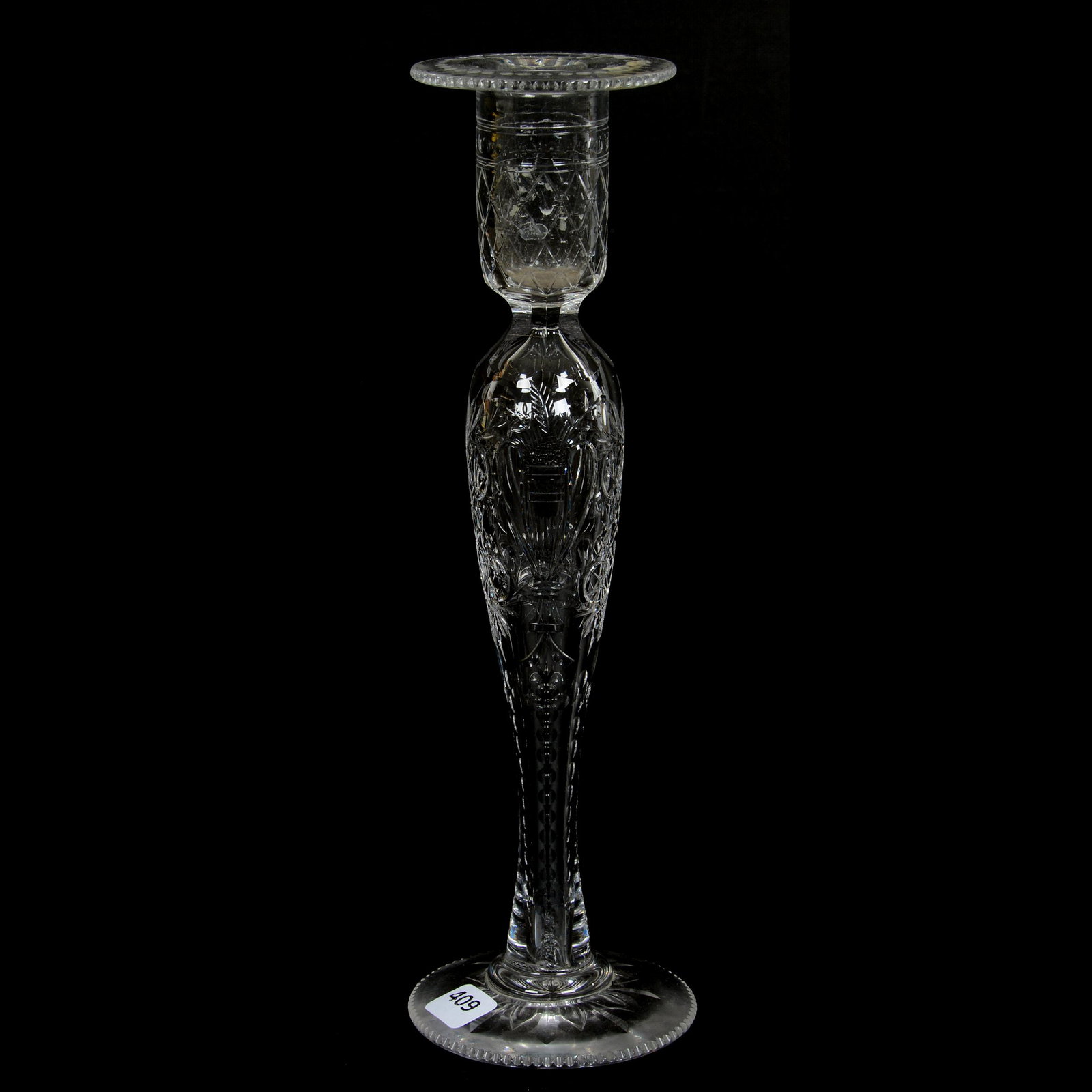 Candlestick, American Brilliant Cut Glass: Candlestick, American Brilliant Cut Glass, 12", Engraved Urn and Floral Design, Attributed to Pairpoint, Private Collection