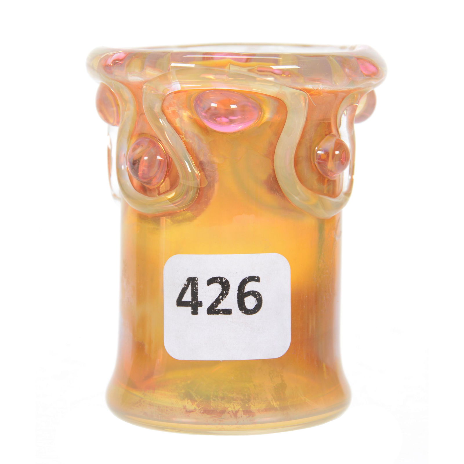 Toothpick Holder, Unmarked Art Glass: Toothpick Holder, Unmarked Art Glass, 2.5", Iridescent Gold and Opalescent Design with Ruby Highlights, Private Collection