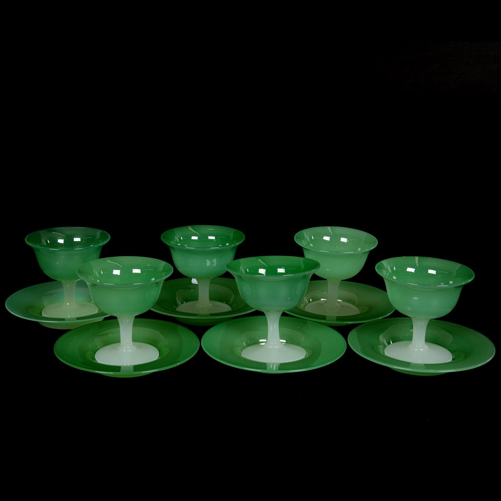 (6) Sherbets & Underplates, Steuben Art Glass: (6) Sherbets & Underplates, Steuben Art Glass, 4" x 6.25", Jadeite and Alabaster, The Estate of Les Hamilton