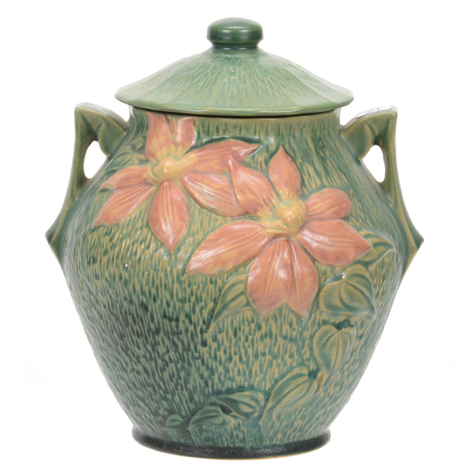 Cookie Jar, Roseville Art Pottery #3-8": Cookie Jar, Roseville Art Pottery #3-8", 8", Clematis Pattern, Green Tones, Repaired Chip on Lid which is Hidden When Lid is in Place, Private Estate from Central Illinois