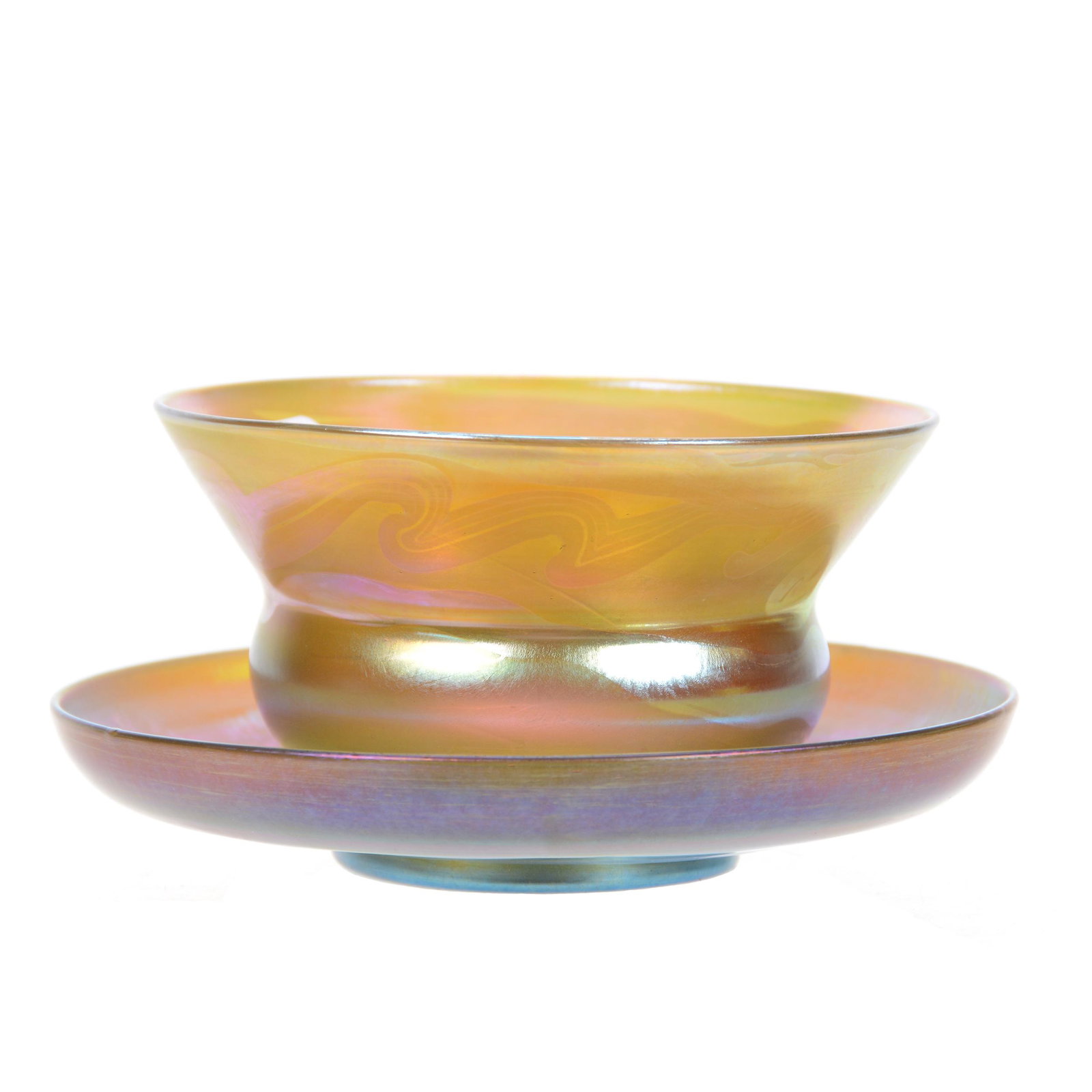 Finger Bowl & Underplate, Tiffany Favrile: Finger Bowl & Underplate, Tiffany Favrile, 2.75" x 5.25", Finger Bowl Marked "N9408", Underplate Marked "N9508", Greenish Gold Iridescence with Light Silver Pulled Feather Design, Both Pieces Marked "