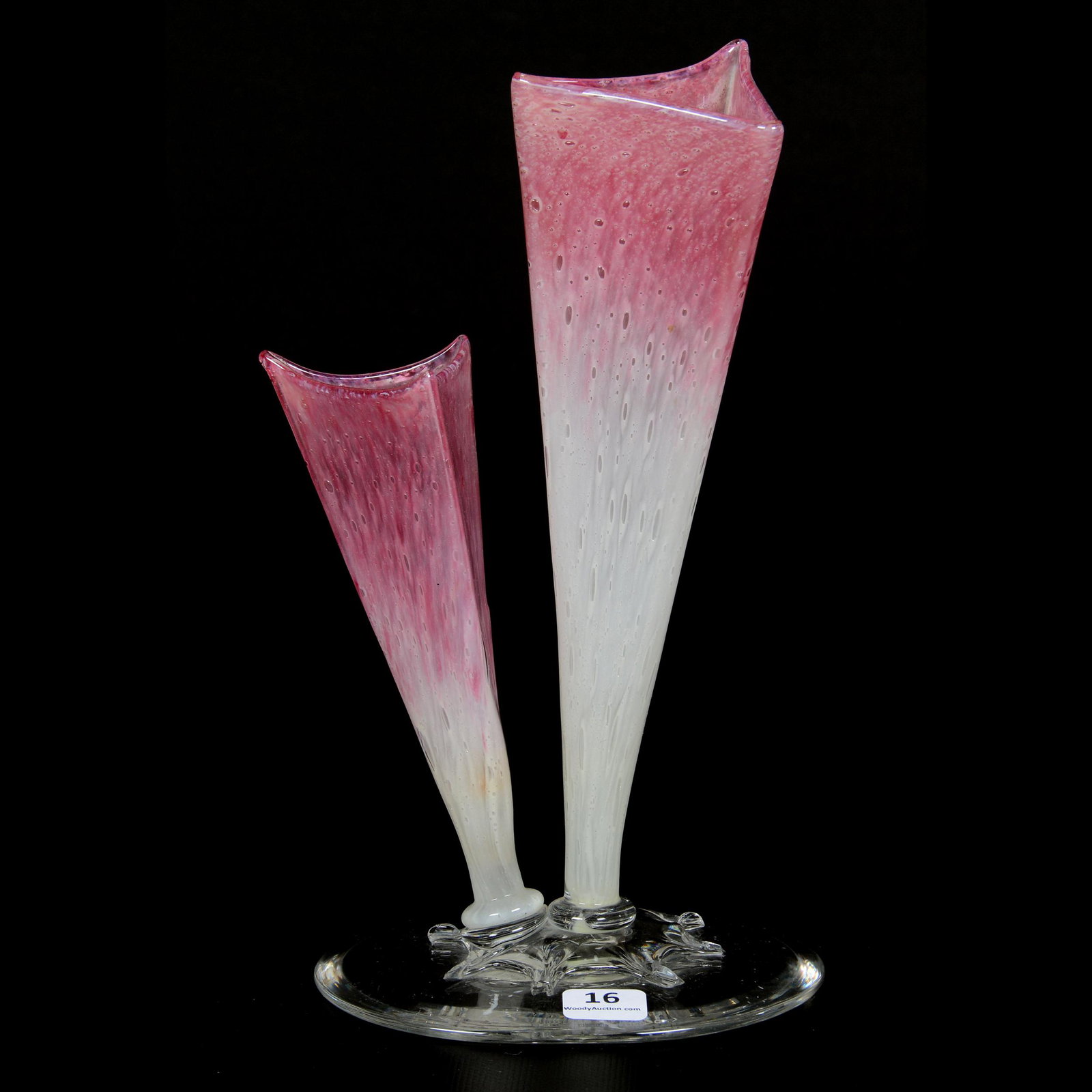Bud Vase, Two Stems/Prongs, Unmarked Steuben Art Glass: Bud Vase, Two Stems/Prongs, Unmarked Steuben Art Glass, 10" x 5.5", Pink and White Cluthra, Triangular Vase with Clear Glass Foot, Nice Quality, The Estate of Les Hamilton. UPDATED 10-8-20: 3 Clear Ap