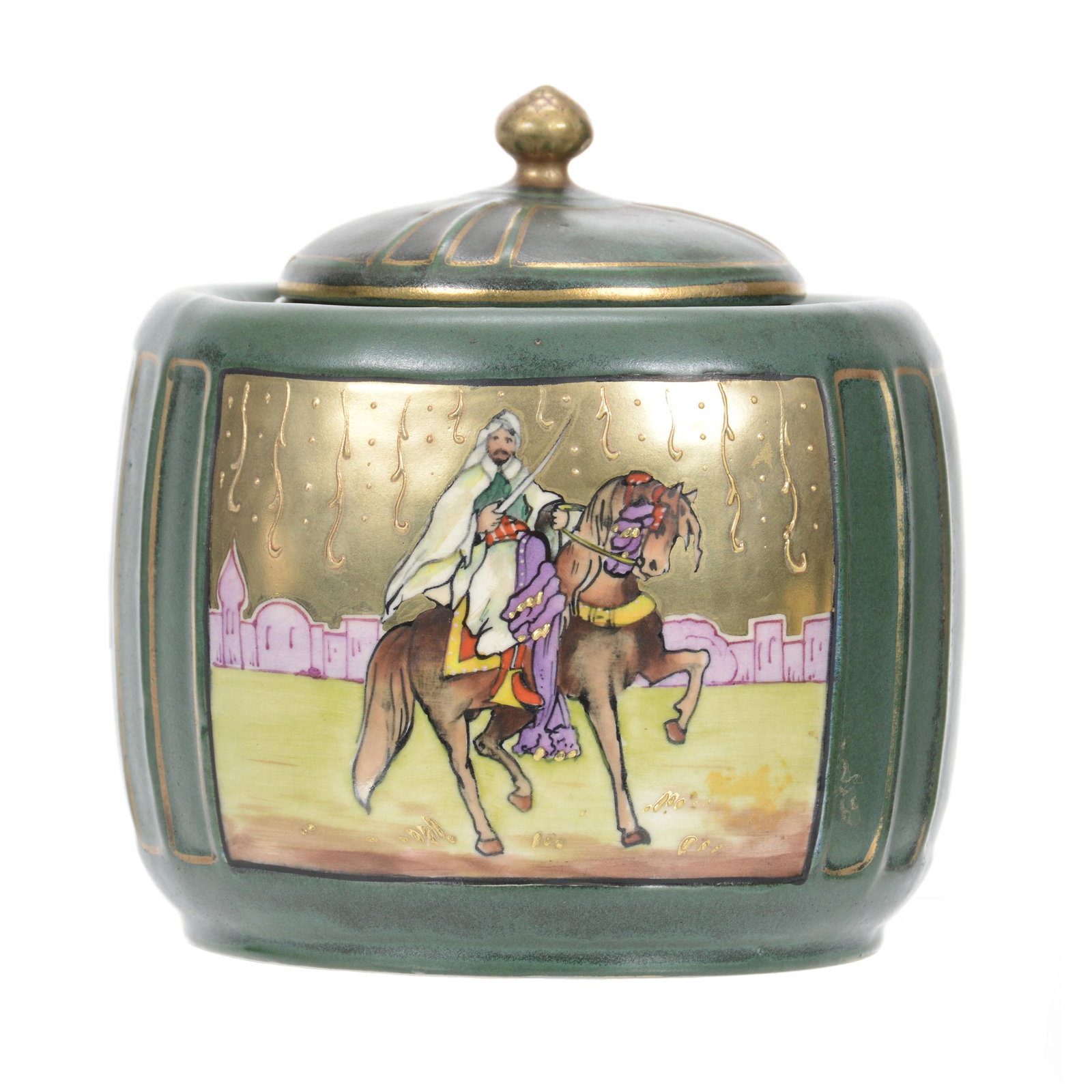 Humidor, Amphora Teplitz, Scene of Arab Horseman: Humidor, Amphora Teplitz, Scene of Arab Horseman, 6" x 6", Unmarked Stellmacher Teplitz, Private Estate from Central Illinois