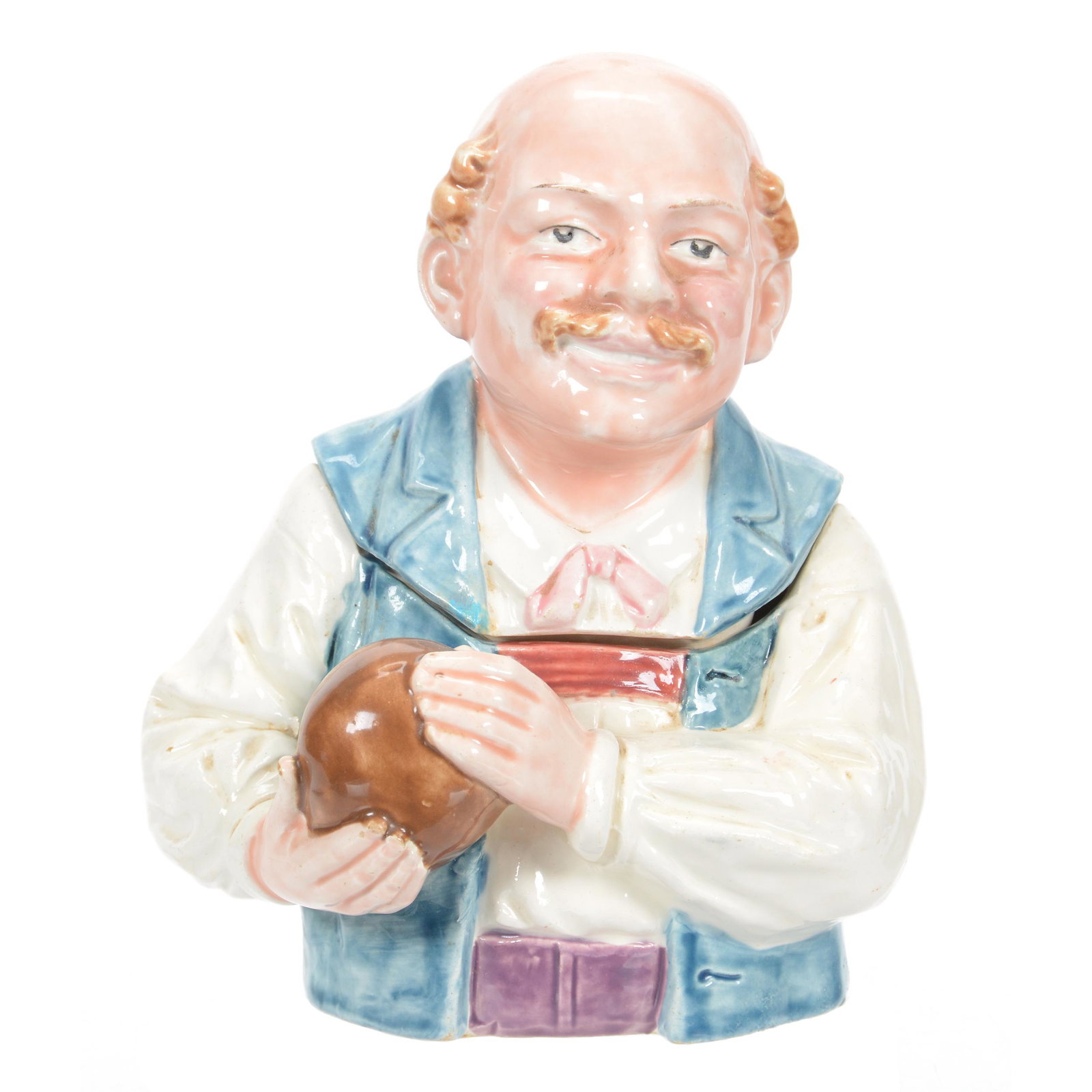 Humidor, Figural Majolica, Bald Bowler: Humidor, Figural Majolica, Bald Bowler, 6.75", Unique, Private Estate from Central Illinois