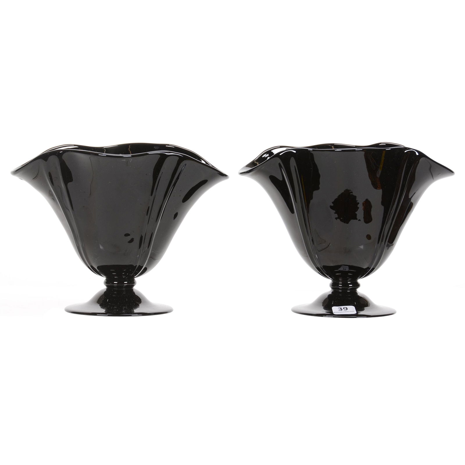 Pair Pedestal Mirror Black Art Glass Vases, Steuben: Pair Pedestal Mirror Black Art Glass Vases, Steuben, 6.25" x 8.5", Steuben Optic Rib, The Estate of Les Hamilton