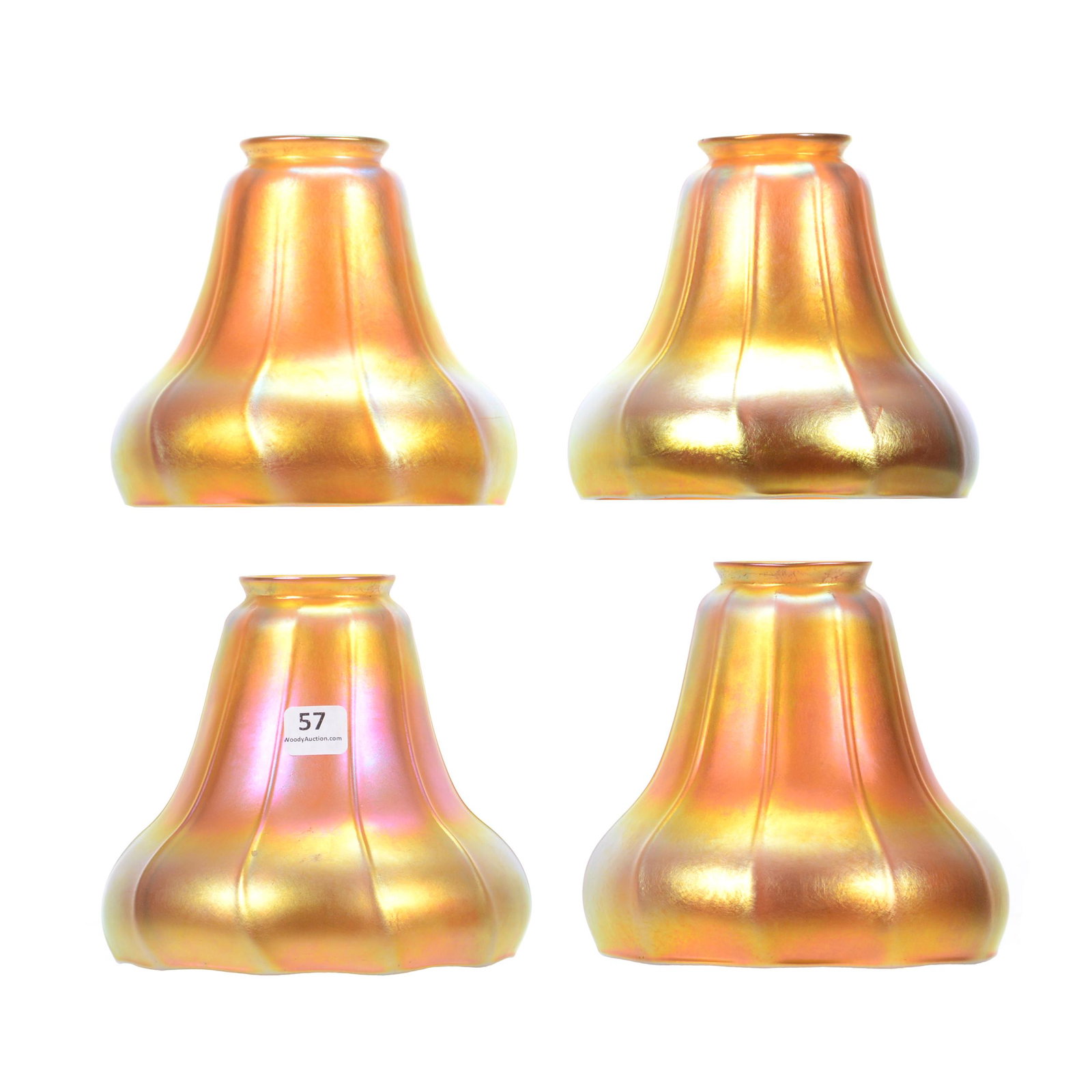 (4) Light Shades Signed Steuben Gold Aurene: (4) Light Shades Signed Steuben Gold Aurene, 5.5" x 6", Ribbed, Bell Form, 2.25" Fitter Ring, Nice Color, The Estate of Les Hamilton