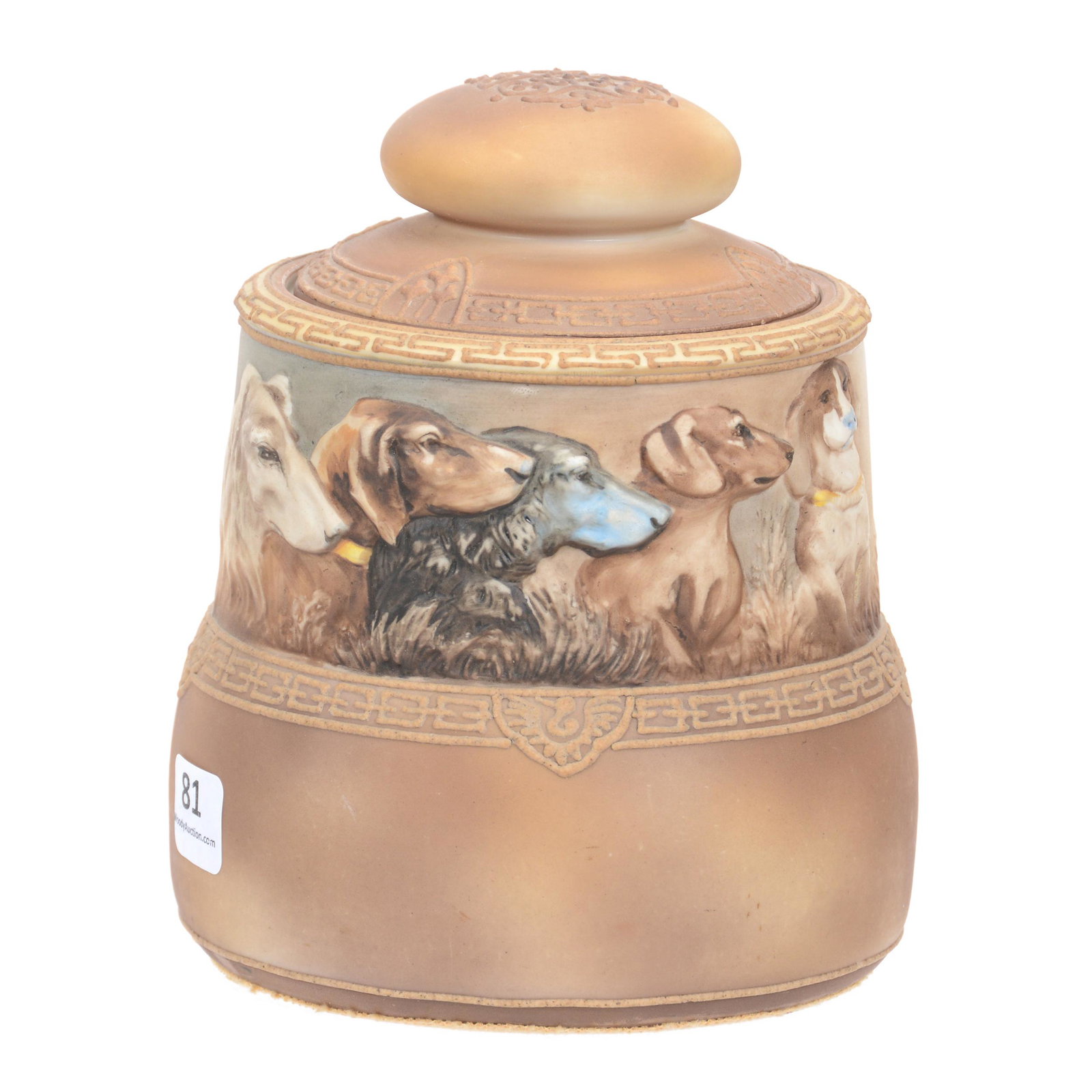 Humidor Marked Nippon, Blow Out Mold: Humidor Marked Nippon, Blown Out Mold, 6" x 5.25", Features Five Dogs, Brown Tones, Private Estate from Central Illinois