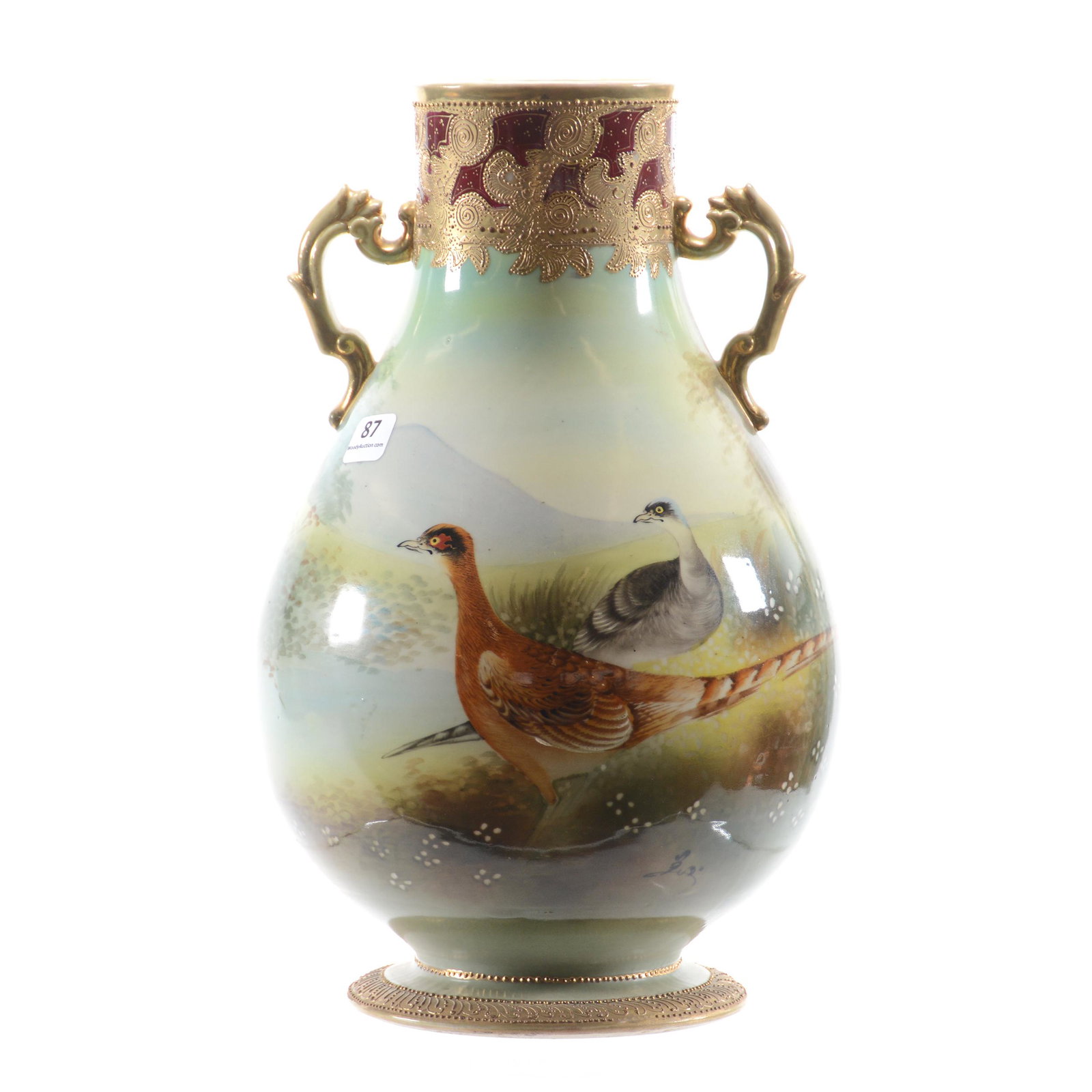 Vase Marked Nippon: Vase Marked Nippon, 12.5" x 7.5", Pheasant Scenic Decor, Red Border, Gold Trim, Two Handles, Artist Signed, Faint Hairline on Upper Portion of Body, Private Estate from Central Illinois