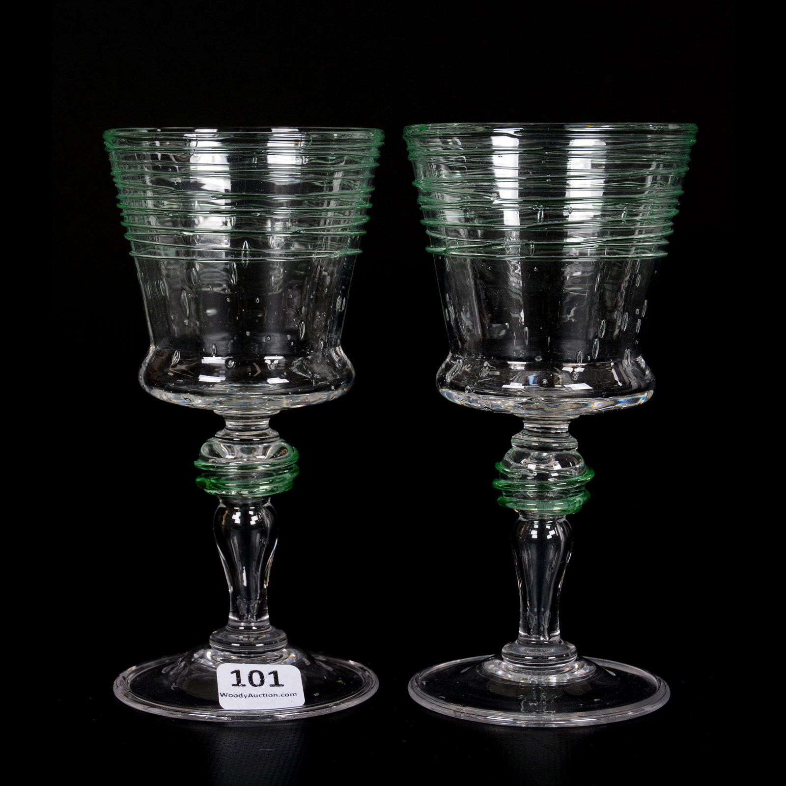 (2) Wine Stems by Steuben, Green Threaded Overlay: (2) Wine Stems by Steuben, Green Threaded Overlay, 6", Clear Air Bubble, The Estate of Les Hamilton