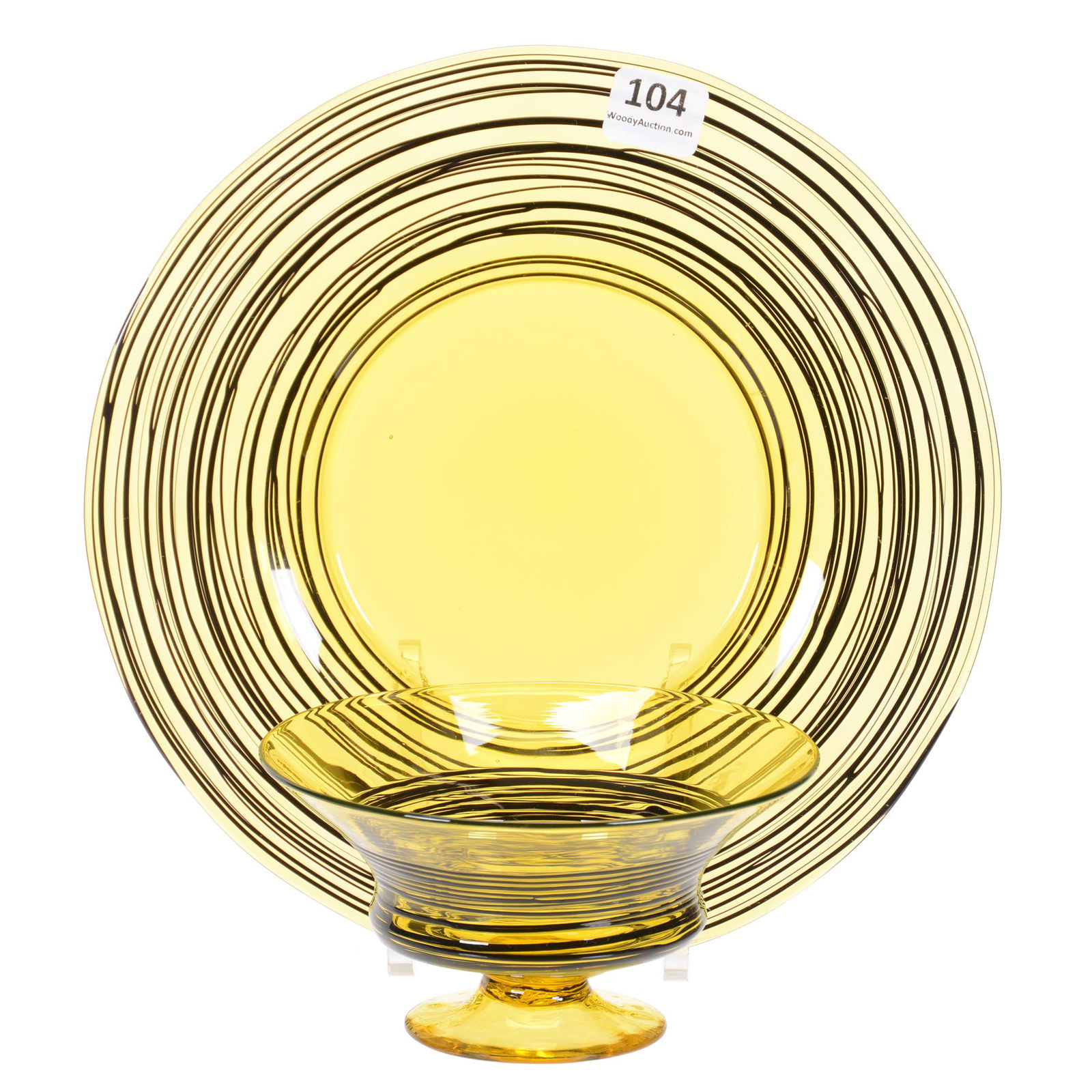 (2) Art Glass Items by Steuben, Bristol Yellow: (2) Art Glass Items by Steuben, Bristol Yellow, Yellow with Black Threading, (1) 8.5" Plate, (1) 2.5" x 5" Footed Bowl, The Estate of Les Hamilton