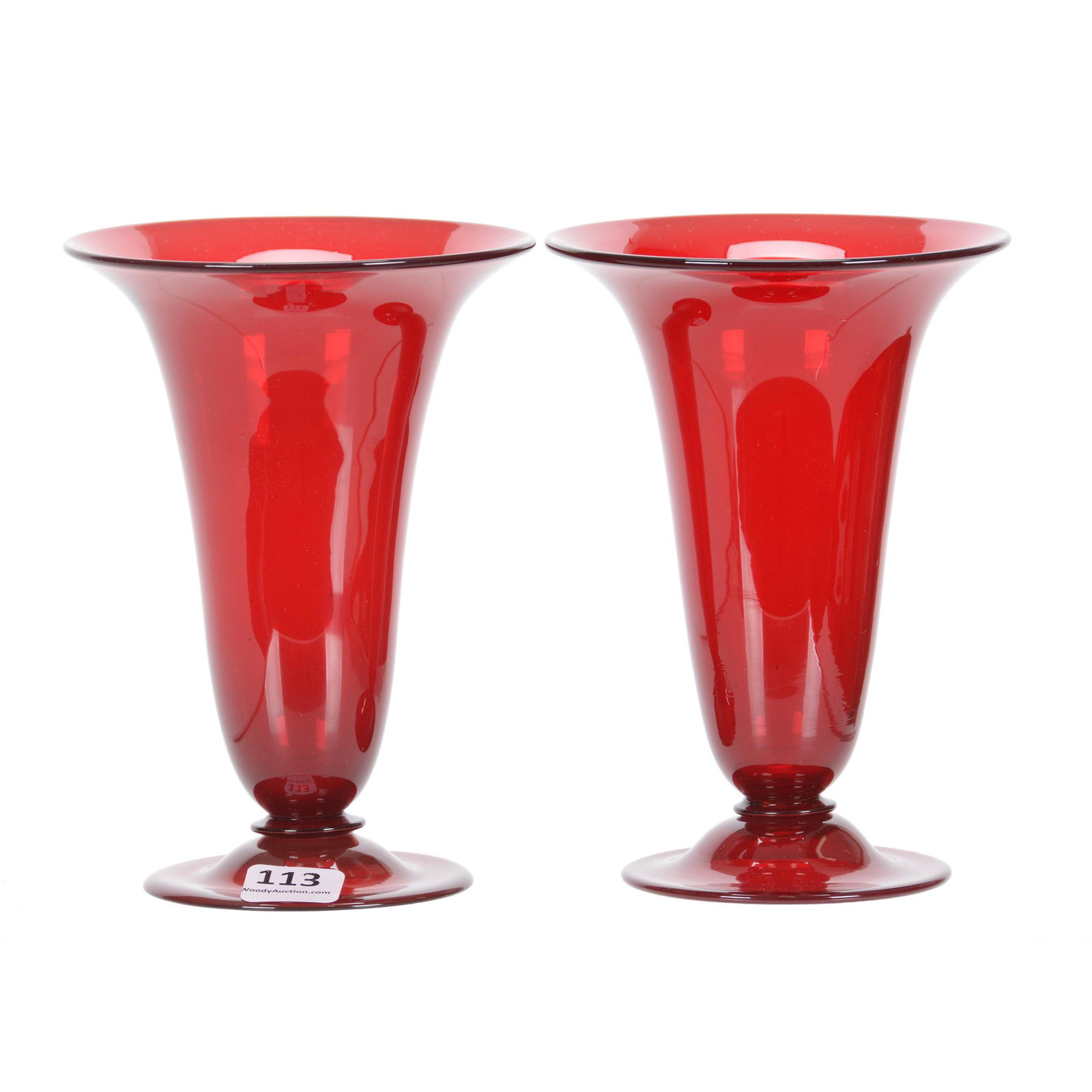 Pair Pedestal Vases by Steuben, Selenium Red: Pair Pedestal Vases by Steuben, Selenium Red, 5.75" x 4", The Estate of Les Hamilton