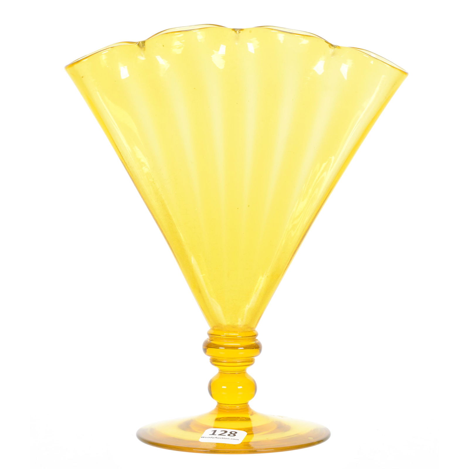 Fan Vase by Steuben, Bristol Yellow Art Glass: Fan Vase by Steuben, Bristol Yellow Art Glass, 8.5" x 7", Crimped Top, The Estate of Les Hamilton