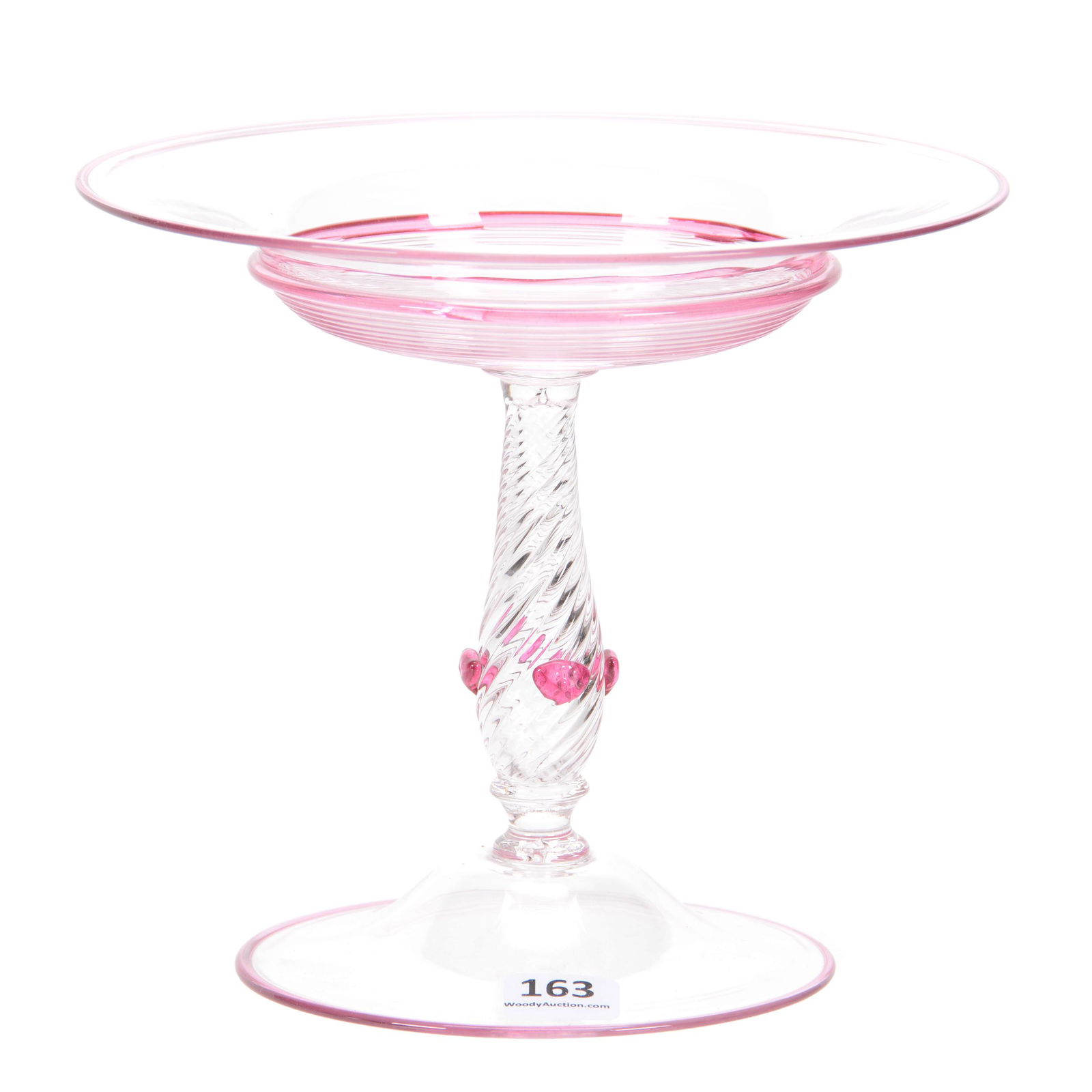 Compote by Steuben Art Glass: Compote by Steuben Art Glass, 6" x 7", Clear Glass with Applied Pink Threading, Spiral Stem with Applied Pink Prunts, Small Area Without Threading which Appears to have been Original with Compote, The