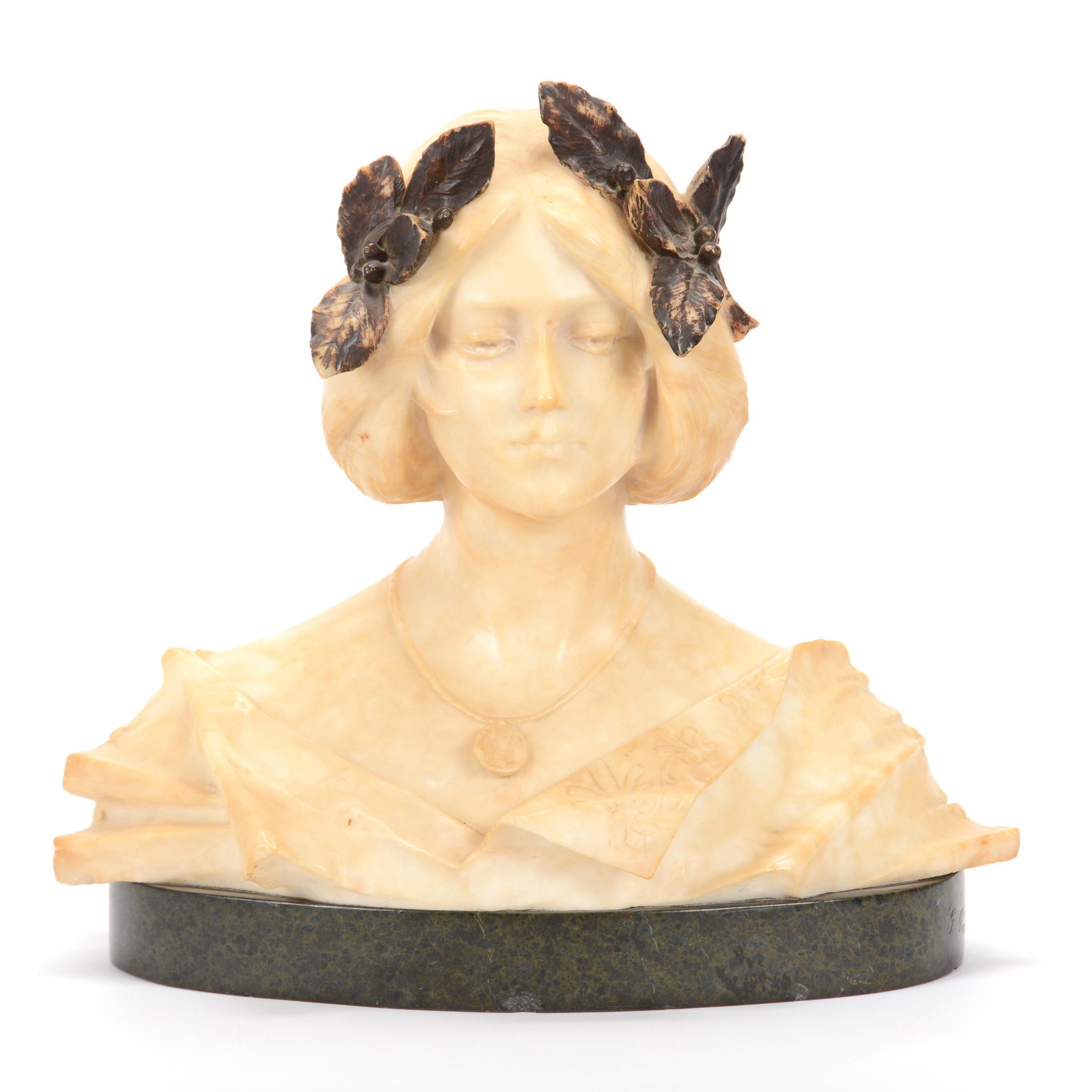 Marble Bust, Young Woman Wearing Necklace: Marble Bust, Young Woman Wearing Necklace, 14.25" x 15.5", Olive Branch Highlights, Mounted on Dark Stone Base, Nice Quality Carving, No Visible Artist Marks, Private Estate from Central Illinois. UPD