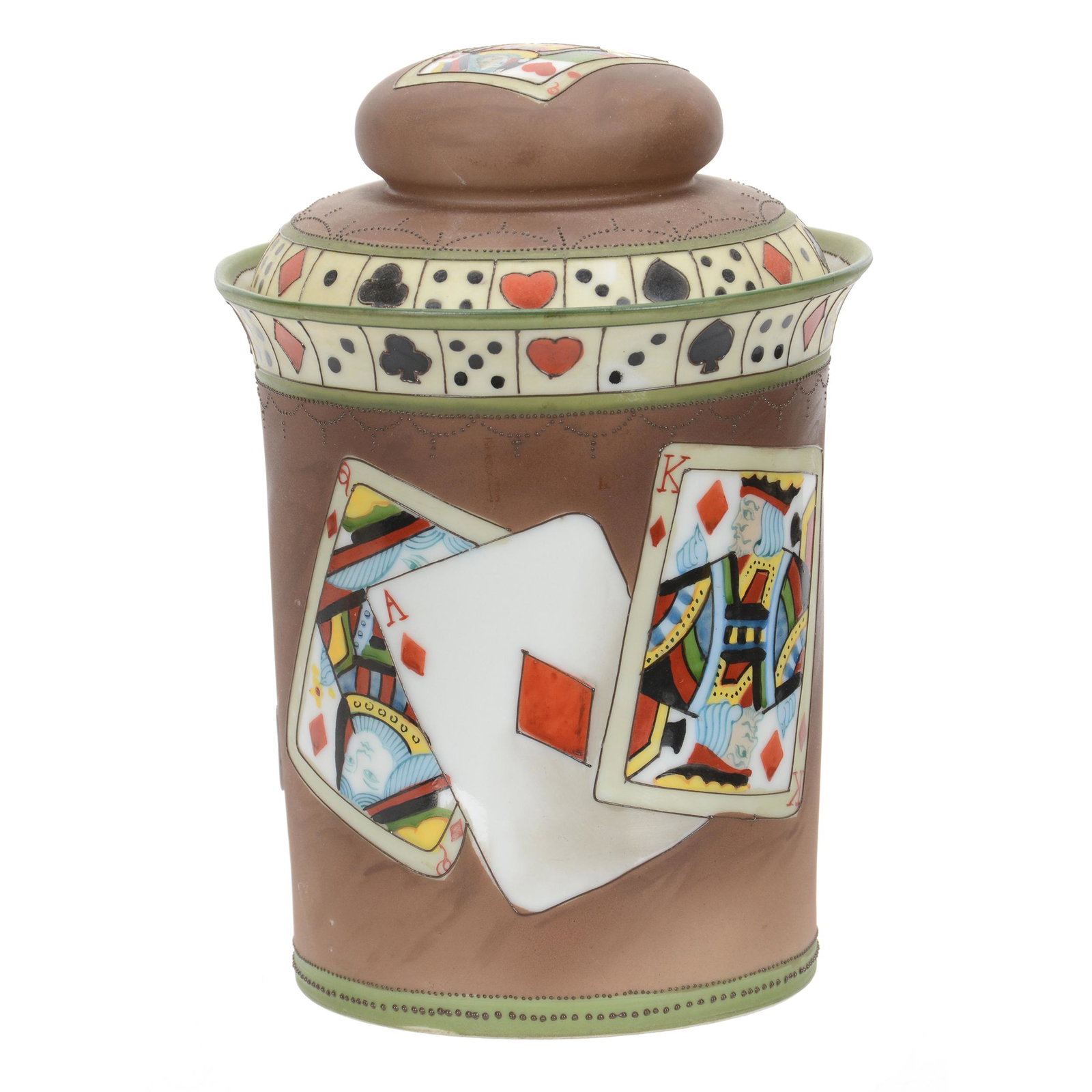 Humidor Marked Nippon, Playing Card Decor: Humidor Marked Nippon, Playing Card Decor, 7.25" x 5", Background of Brown Tones, Private Estate from Central Illinois
