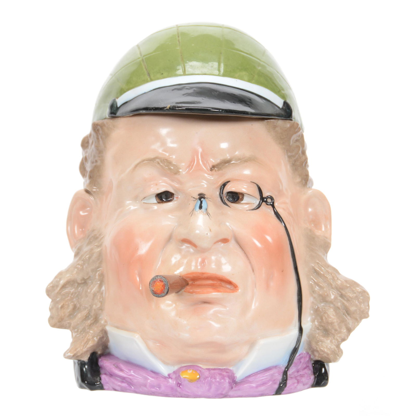 Humidor, Character Head Marked RW: Humidor, Character Head Marked RW, 7.5", Cigar Smoking Older Man with Monocle Peering at Insect on His Nose, Rudolstadt Marking, Private Estate from Central Illinois