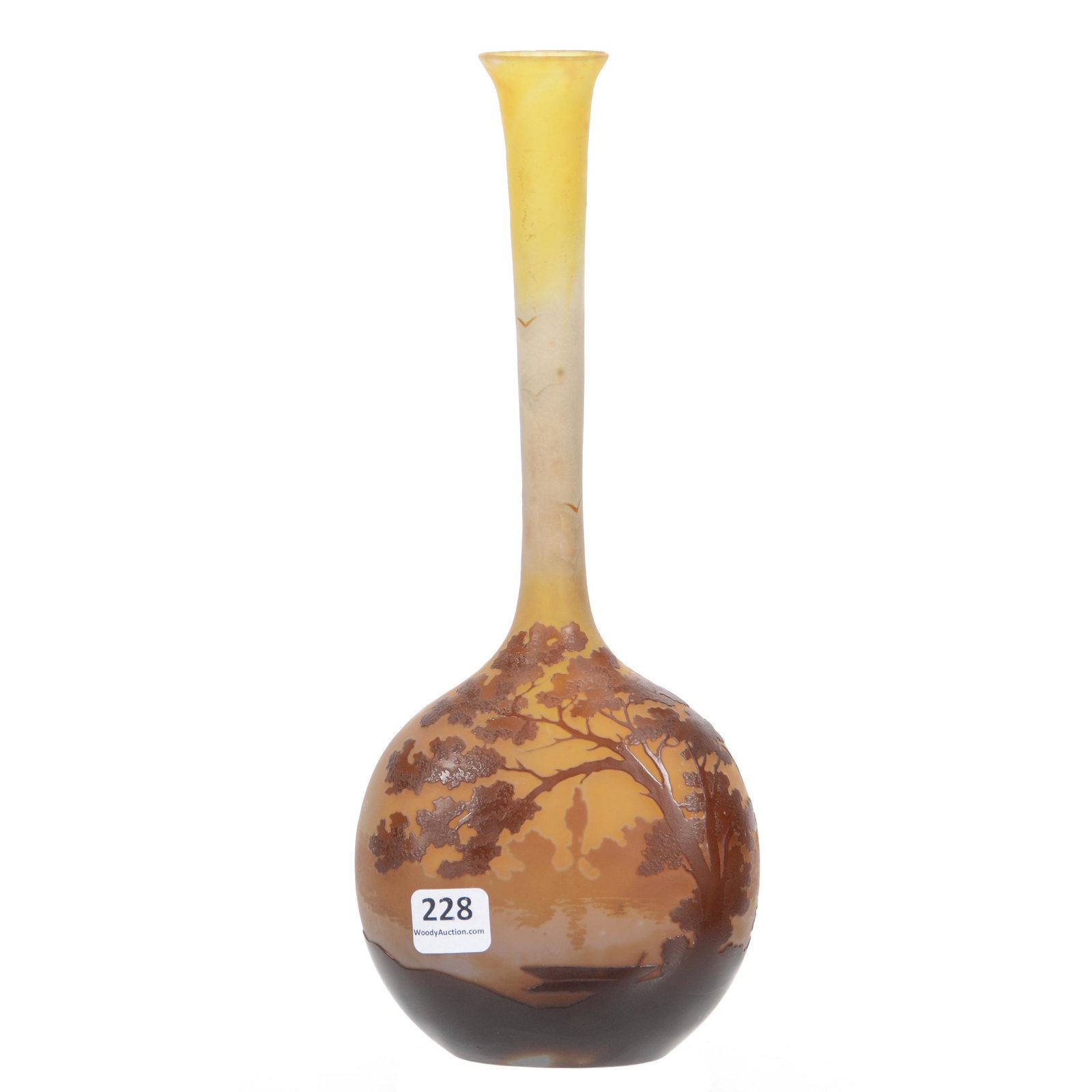 Vase Signed *Galle French Cameo Art Glass: Vase Signed *Galle French Cameo Art Glass, 11", White and Yellow Background with Cameo Carved Tree and Lake Scenic Decor, Signature is Star Galle, Private Estate from Central Illinois