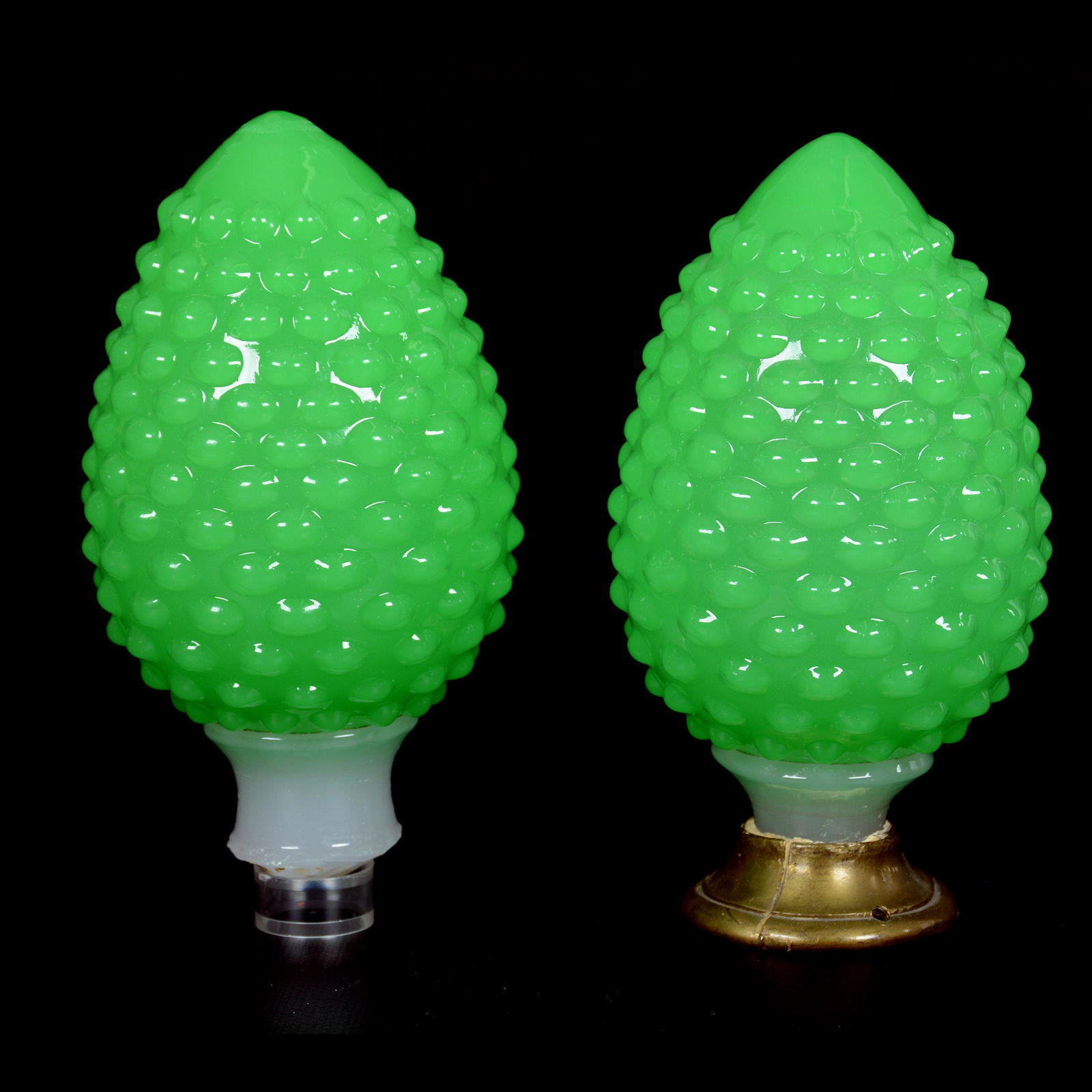 Newell Post Finials by Steuben, Pineapple Form: Newell Post Finials by Steuben, Pineapple Form, 6.5", Green Jade and Alabaster, One is Missing the Brass Base Collar, The Estate of Les Hamilton