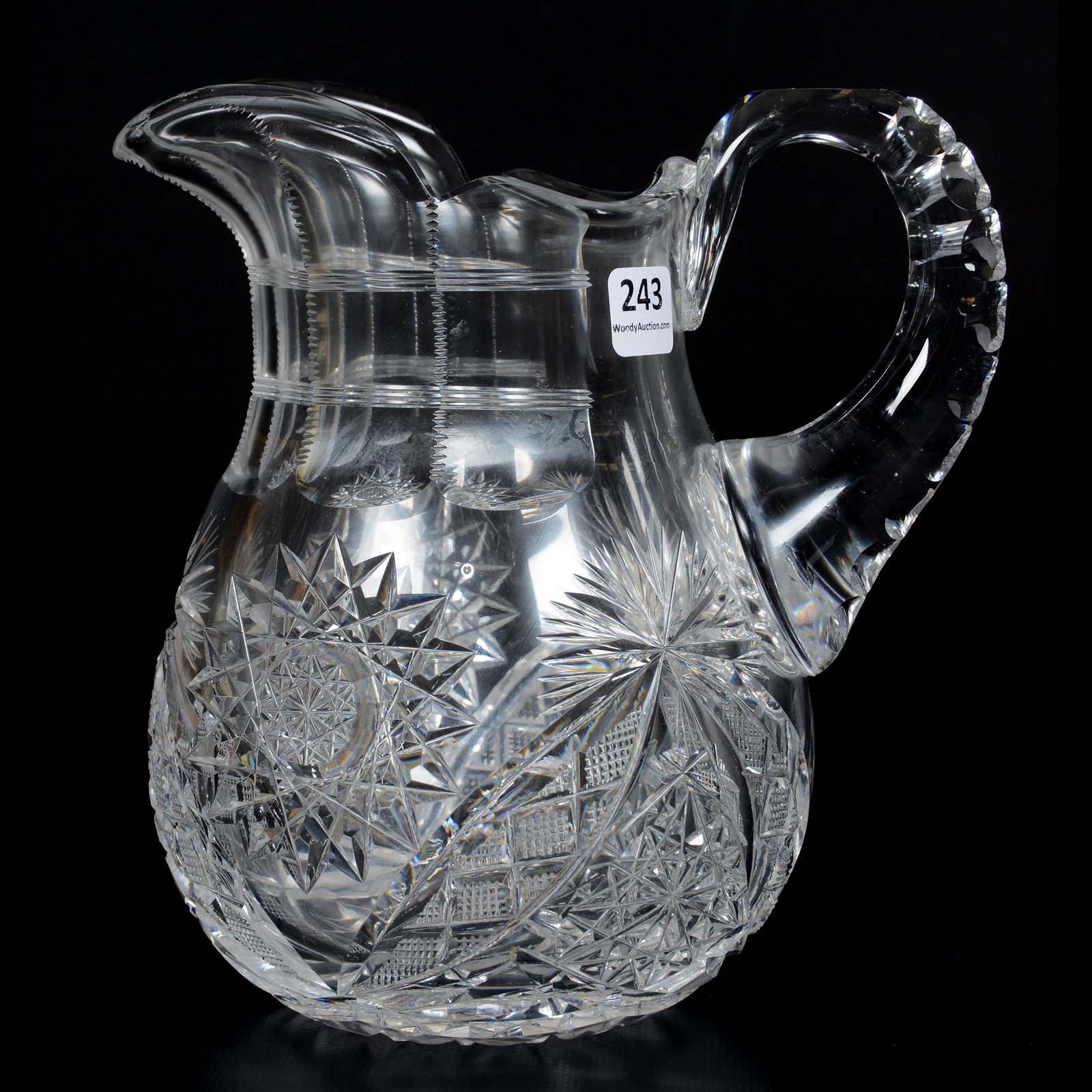 Water Pitcher, American Brilliant Cut Glass: Water Pitcher, American Brilliant Cut Glass, 7.75", Hobstar, Vesica, Strawberry Diamond and Fan Motif, Hobstar Base, Double Notched Handles, Private Estate from Central Illinois