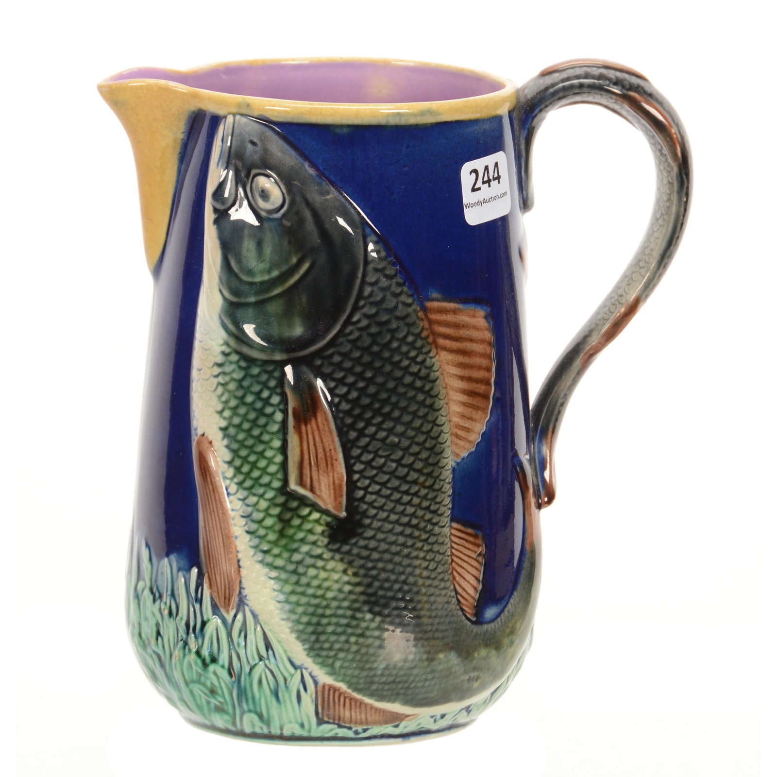Pitcher, Unmarked Majolica: Pitcher, Unmarked Majolica, 7.25", Blue Background, Embossed Fish Design, Figural Fish Handle, Private Estate from Central Illinois