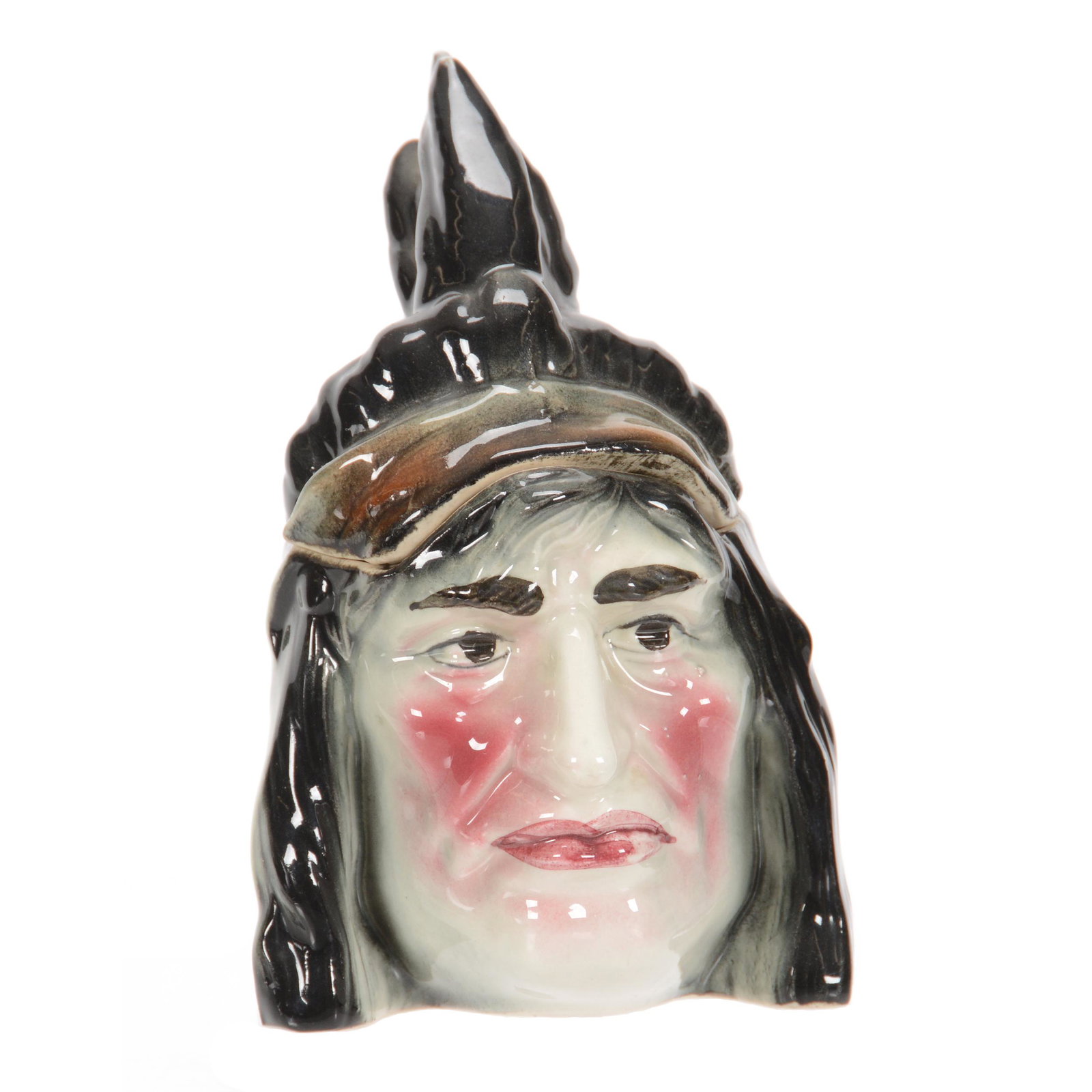 Humidor Marked Austria Ceramic Character Head: Humidor Marked Austria Ceramic Character Head, 6.5", American Indian Warrior, Private Estate from Central Illinois