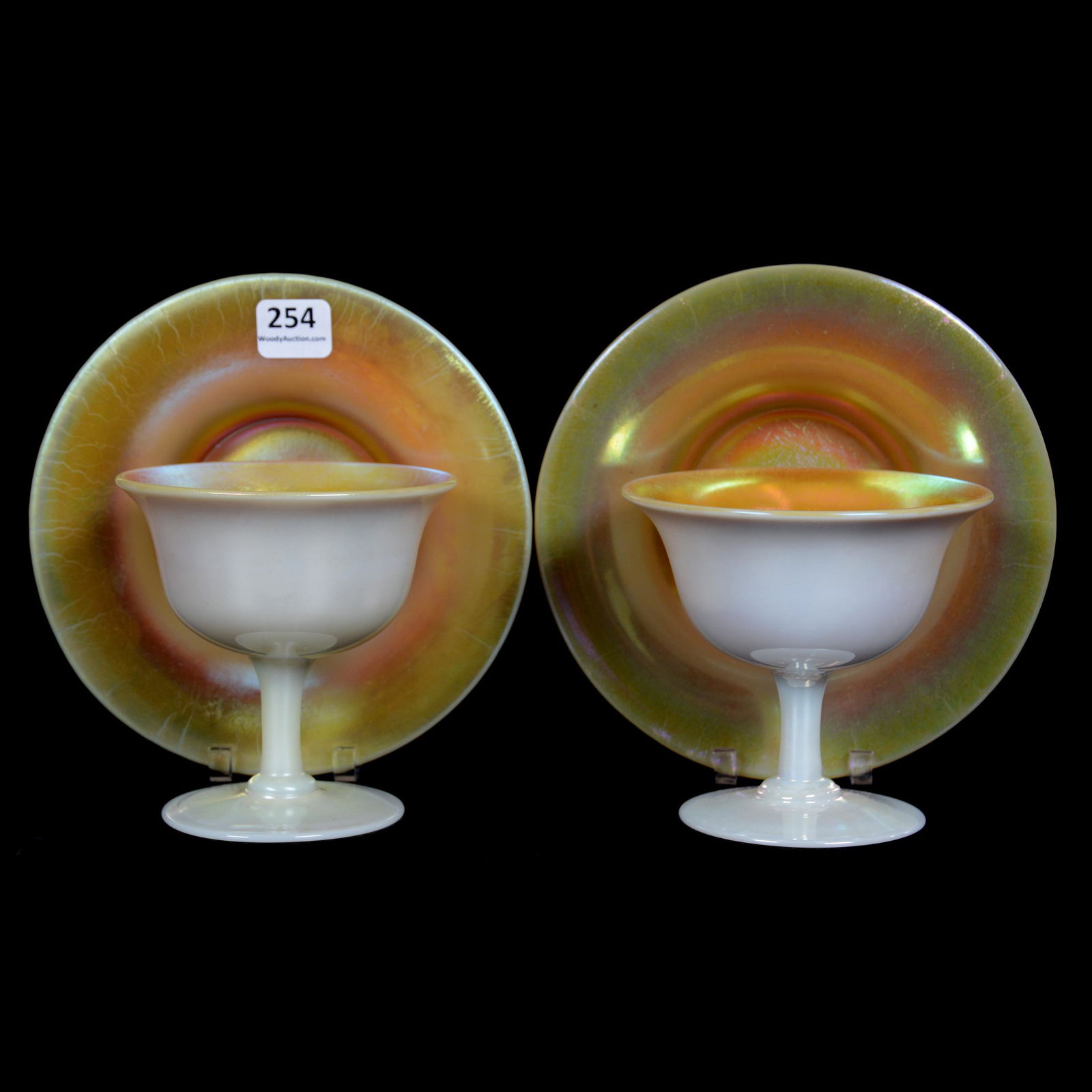(2) Sherbets & Underplates by Steuben: (2) Sherbets & Underplates by Steuben, 4.25" x 6", Gold Calcite, Interior Diameter of One Underplate Does not Allow Sherbet Fit Correctly, The Estate of Les Hamilton
