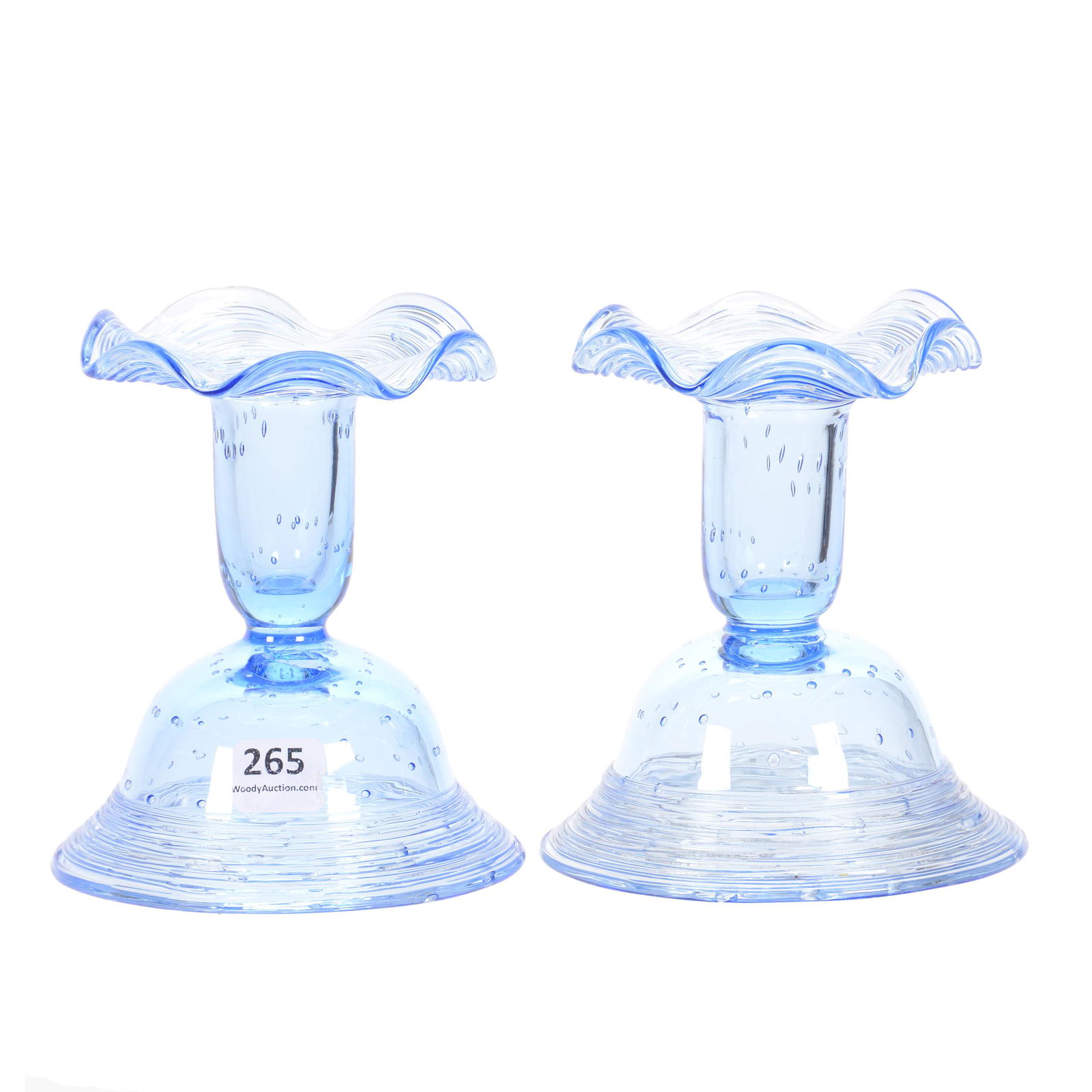 Pair Candlesticks by Steuben, French Blue Glass: Pair Candlesticks by Steuben (possibly HC Fry), French Blue Glass, 5.25" x 4.5", Bubbled and Threaded Design Highlights, Ruffled Rim, The Estate of Les Hamilton. UPDATED 10-09-20: added possible maker
