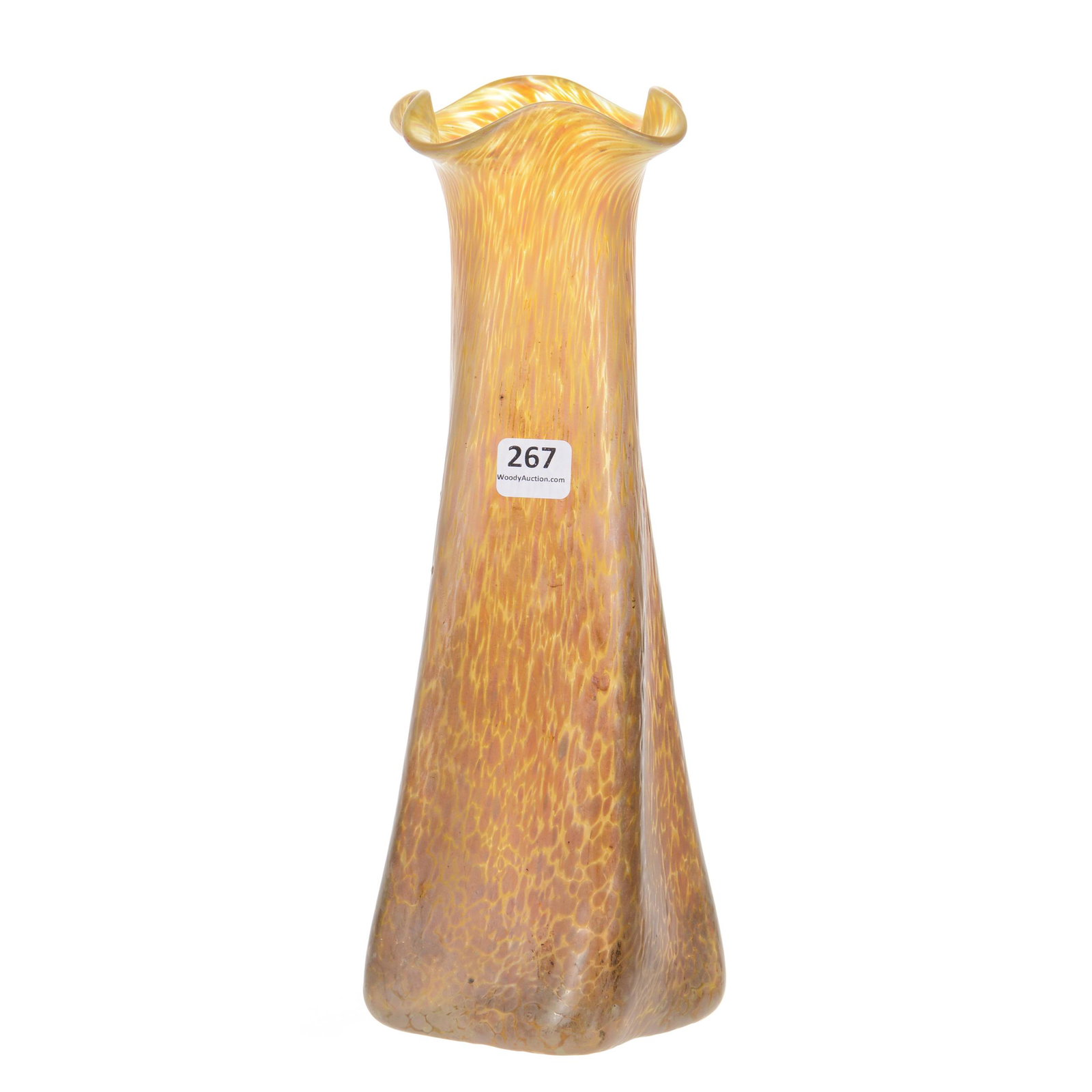 Vase, Resembles Silberiris Pattern by Loetz: Vase, Resembles Silberiris Pattern by Loetz, 11.25", Mottled Gold Iridescent, Square Base, Twisted Design, Ruffled Rim, Polished Pontil Base, Fake LCT Mark, Private Estate from Central Illinois