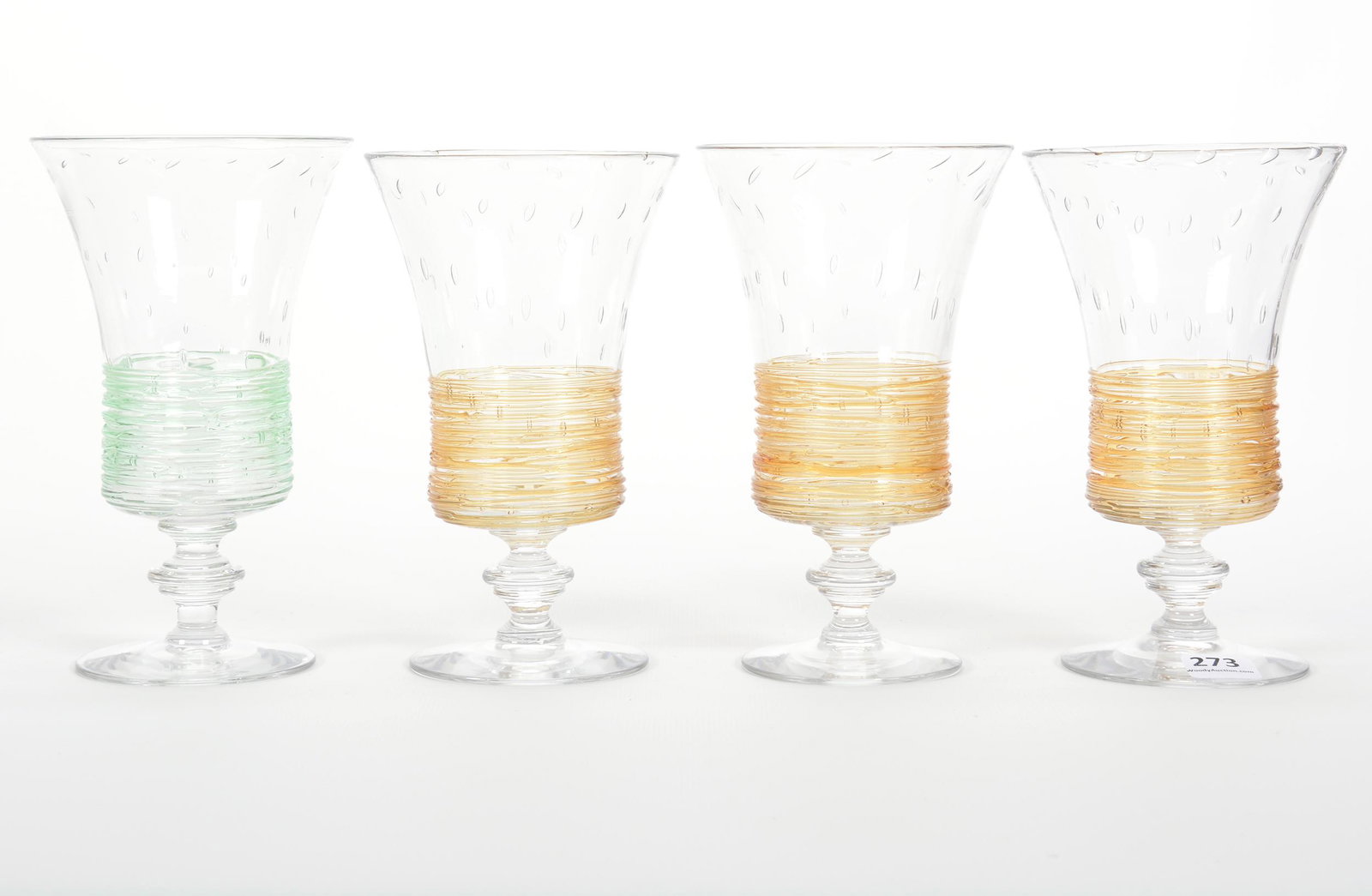 (4) Steuben Goblets, Clear Bubble: (4) Steuben Goblets, Clear Bubble, 6.5" x 3.75", (3) Applied Golden Thread, One has Professional Base Repair (1) Applied Green Thread, The Estate of Les Hamilton