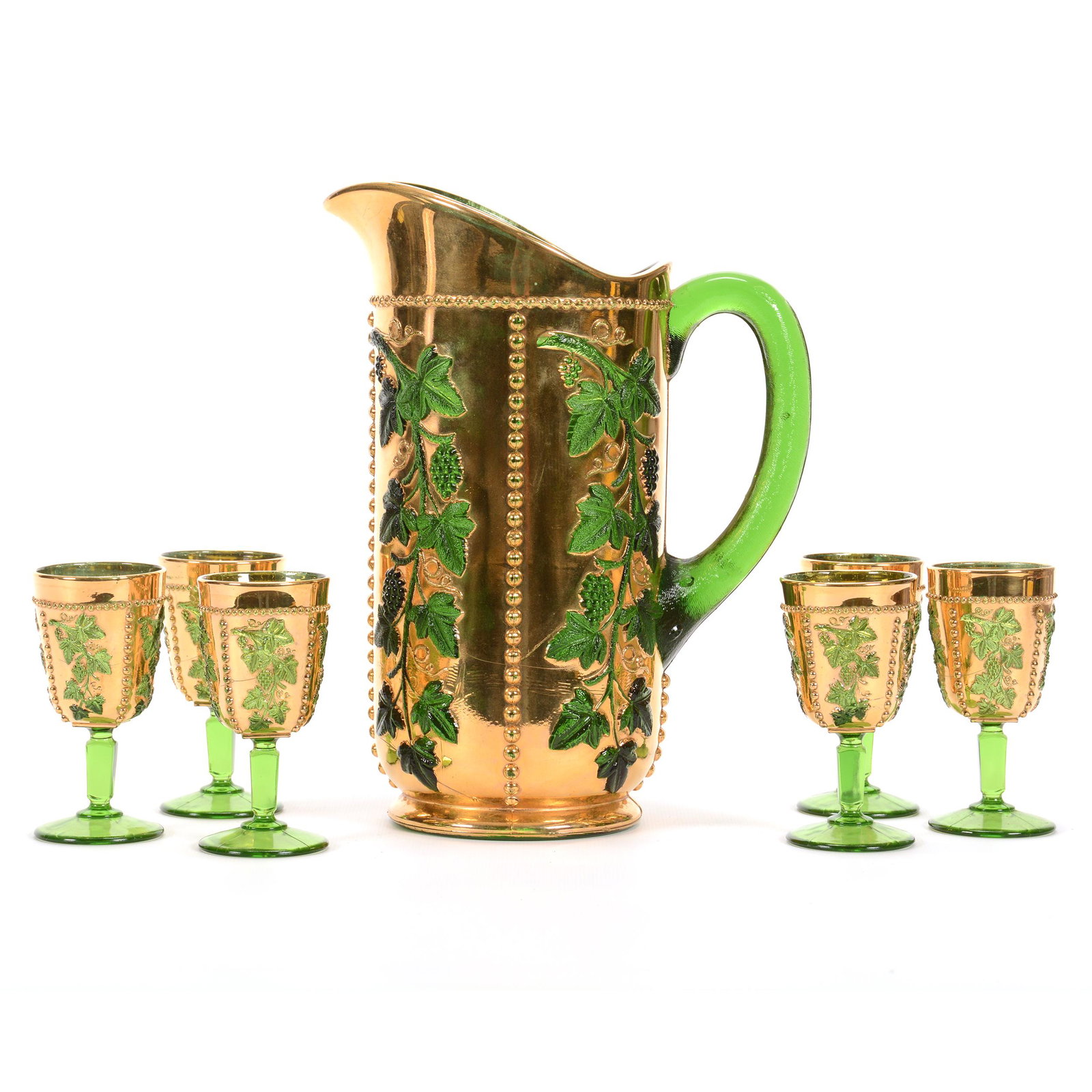 Water Set, Beaded Grape by U.S. Glass Co.: Water Set, Beaded Grape by U.S. Glass Co., 10", 4", Green with Extra Nice Gold, Circa 1899, also Known as California Pattern, Private Estate from Central Illinois