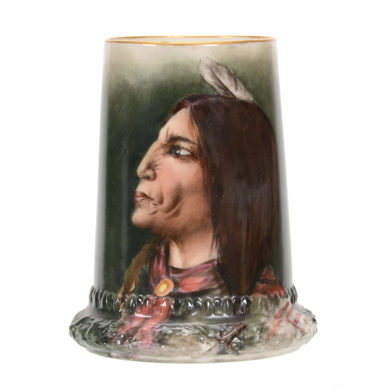 Mug Marked CAC (Ceramic Arts Co.) American Belleek: Mug Marked Cac (Ceramic Arts Co.) American Belleek, 5.5", Green Background with Native American Portrait, Artist Signed "Isa Gillmore Smith", Small Interior Rim Nick, Nice Quality, Private Estate from