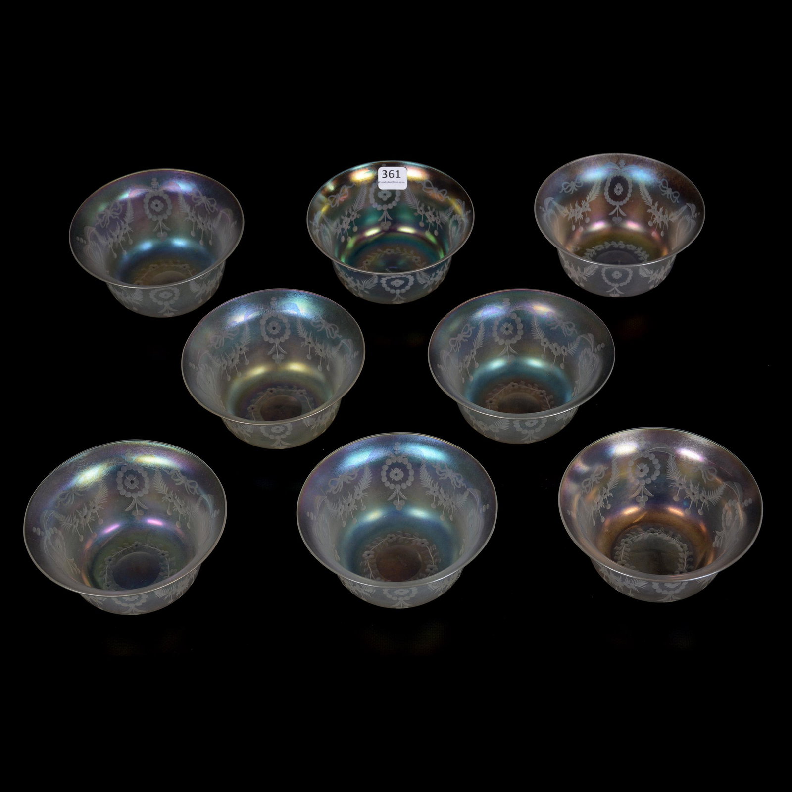 (8) Finger Bowls, Steuben Verre De Soie: (8) Finger Bowls, Steuben Verre De Soie, 2.25" x 5", Engraved Floral Garland Design, The Estate of Les Hamilton