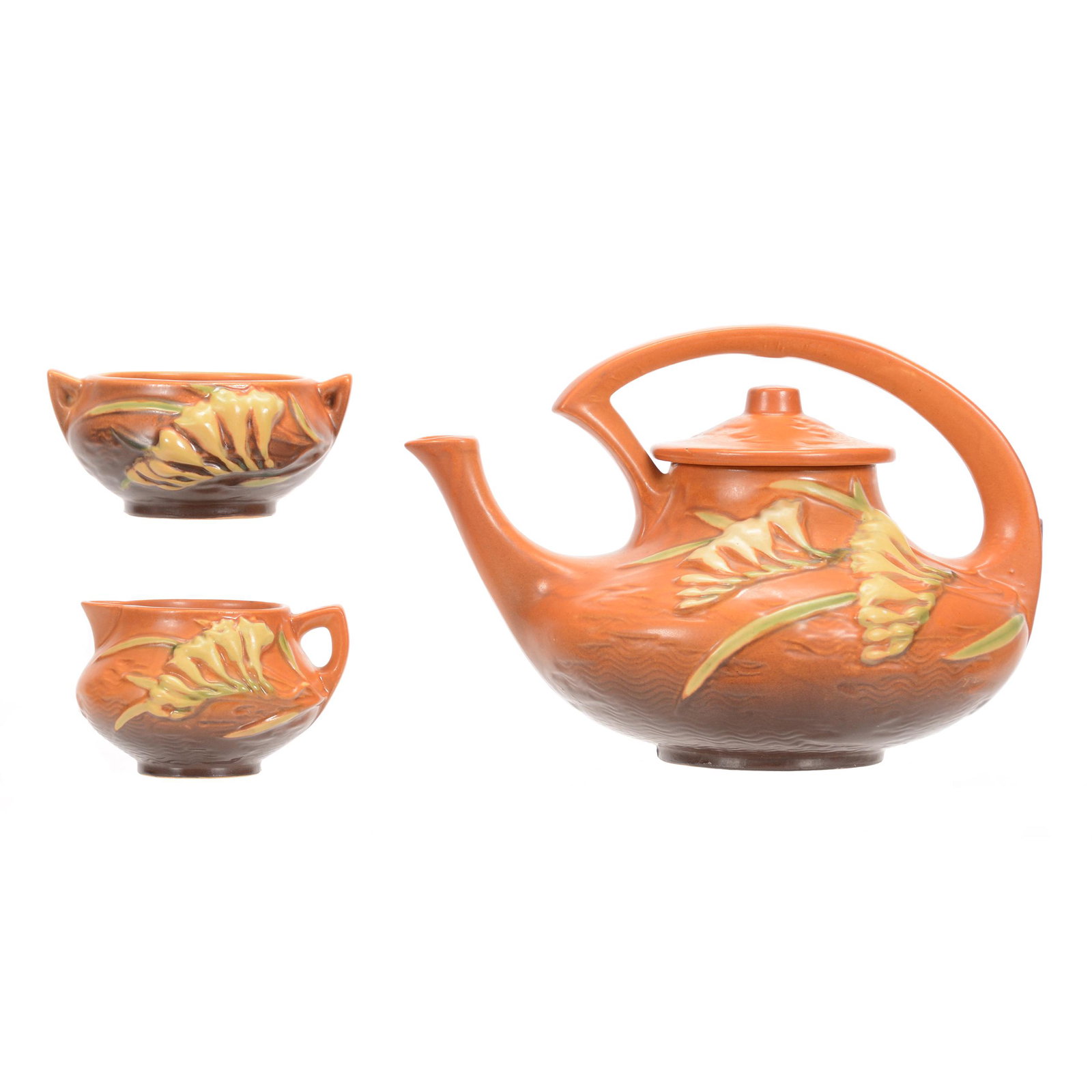 Roseville Art Pottery Tea Set, Three Piece: Roseville Art Pottery Tea Set, Three Piece, #6-T" Teapot, #6-C & #6-S on Creamer and Sugar, Brown Tones, Freesia Pattern, Private Estate from Central Illinois